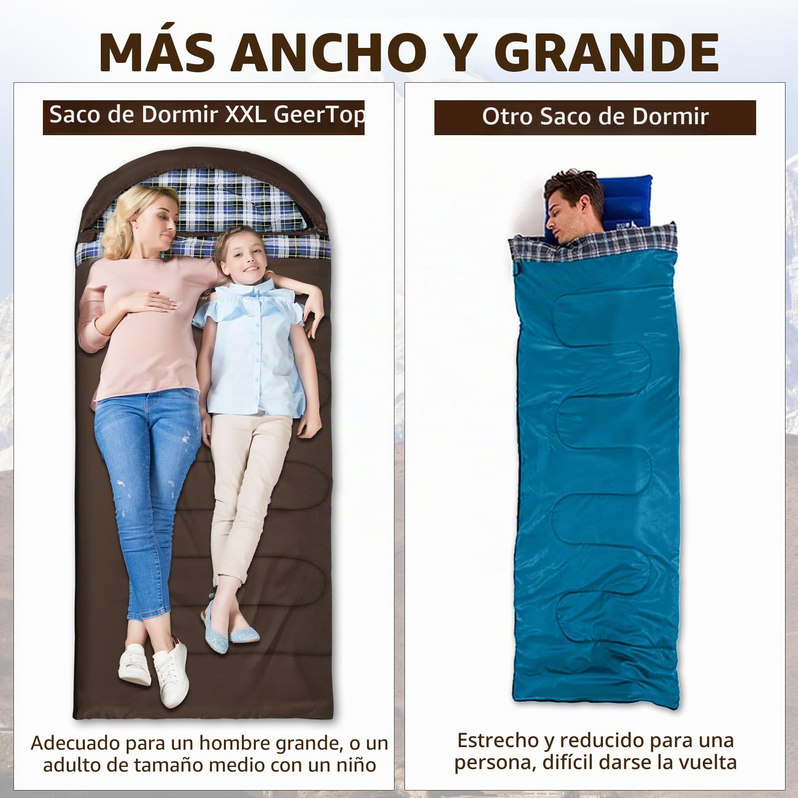GEERTOP Saco de Dormir XXL para 3 – 4 Estaciones, Franela Extragrande, 220 x 100 cm, para Adultos, Compacto, portátil, cómodo, para Camping, Senderismo, Exterior e Interior