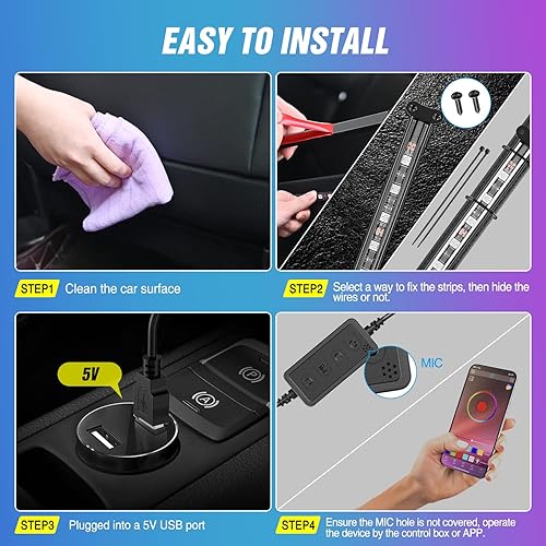 Miniatura 6 de Nilight RGBIC 72 luces LED USB para interiores DC 12 V con aplicación RF, control remoto multicolor debajo del automóvil, iluminación de tablero de