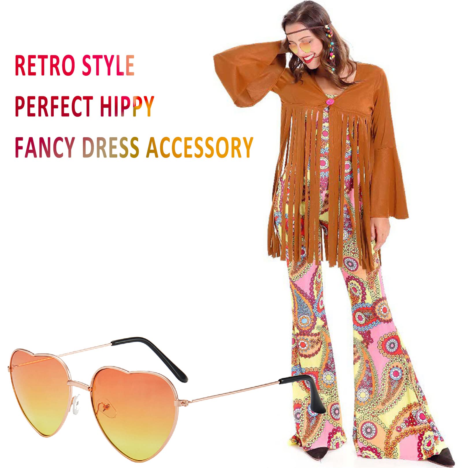 Rowjow 2 works Hipppy Glasses Retro Fancy Dress Sunglasses Heart & Round Sunglasses Cool Orange Coloured Sunglasses 60s 70s Festival Fancy Dress Costume Accessories for Women Men - Image 3