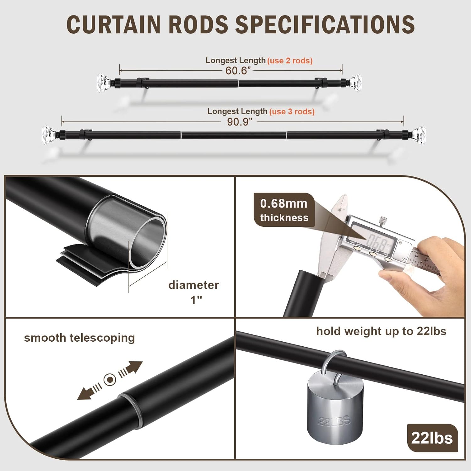 1 Pack Curtain Rods for Windows 48 to 86 Inches（4-7.2 Feet）, 1 Inch Diameter Adjustable Single Window Rod, Decorative Drapery Rods, Crystal Diamond Finials, Black