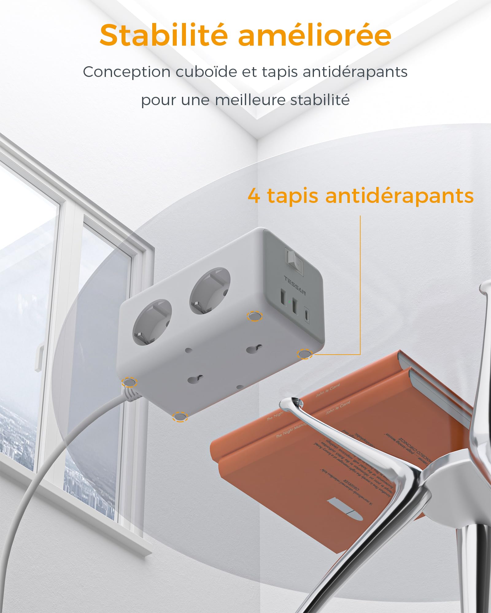 TESSAN Multiprise USB C 9 en 1, 6 Sortie AC, 3 USB, Gris