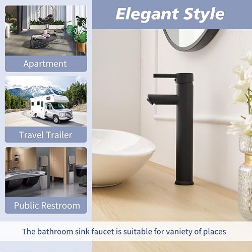 Miniatura 5 de Grifo de baño de recipiente negro mate, grifo de lavabo de baño, moderno cuerpo alto de un solo mango, grifos de baño de un agujero, boquilla