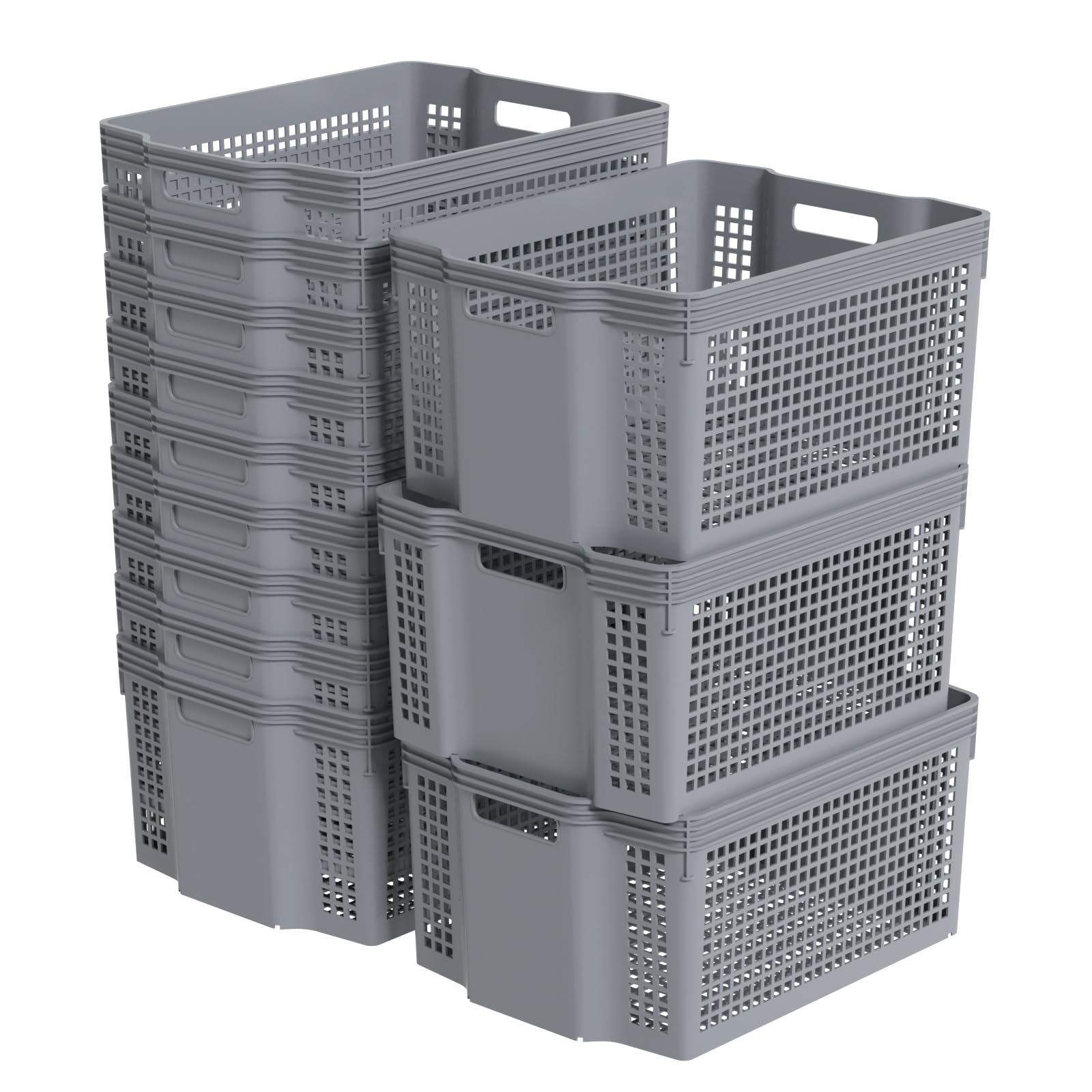 Yesdate 12-Pack Large Plastic Weave Storage Baskets, Stacking Rectangle Storage Basket Bin for Pantries, Kitchens, Cabinets, Bedrooms, Grey