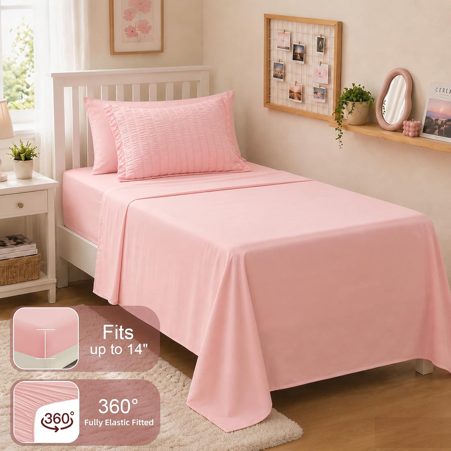 FUANNA Pink Twin Comforter Set for Girls, 5Pcs Twin Bedding Sets for Dorm | All Season, Soft & Breathable, Luxury Seersucker Bed in a Bag Twin with Comforter, Sheets, Pillowcases & Shams, OEKO-TEX