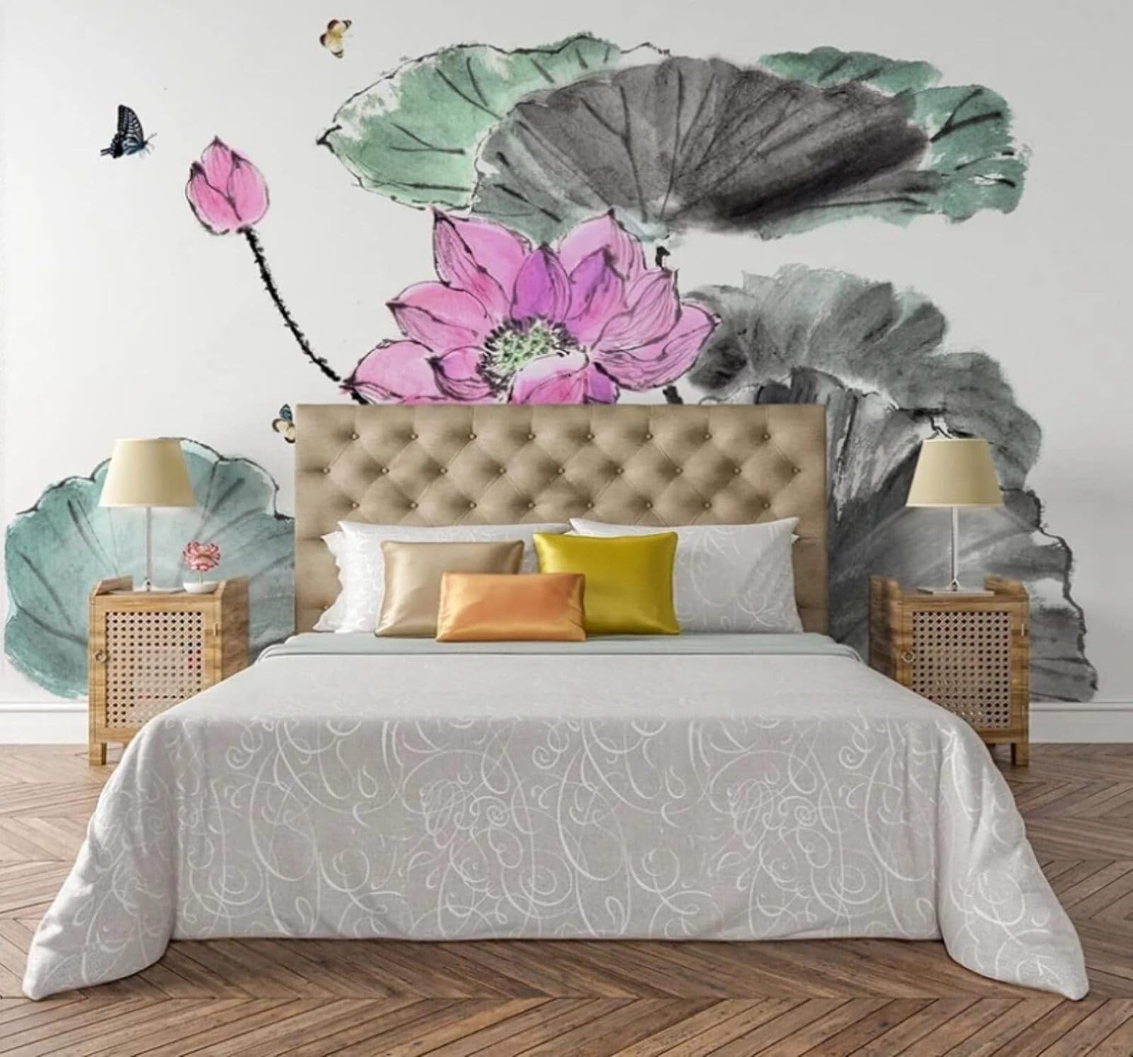 XLMING Hand Drawn Ink Wash Lotus and Butterfly Design 3D Wallpaper Luxury Home Dining Decor Paste Sofa Living Room The Wall for Bedroom Mural-300cm×210cm