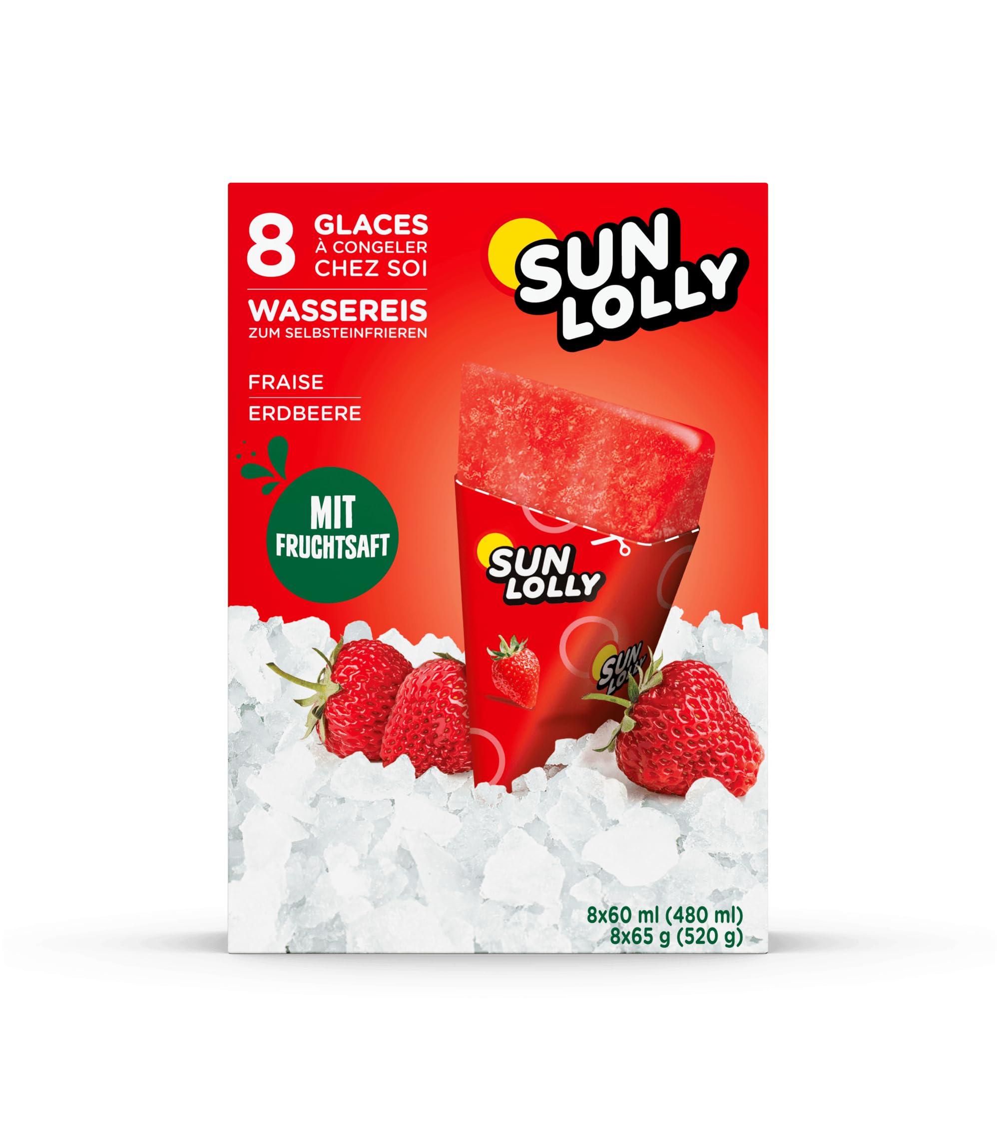 Sun Lolly Helados de agua Fresa 8 piezas 480 ml Sin lactosa Sin gluten