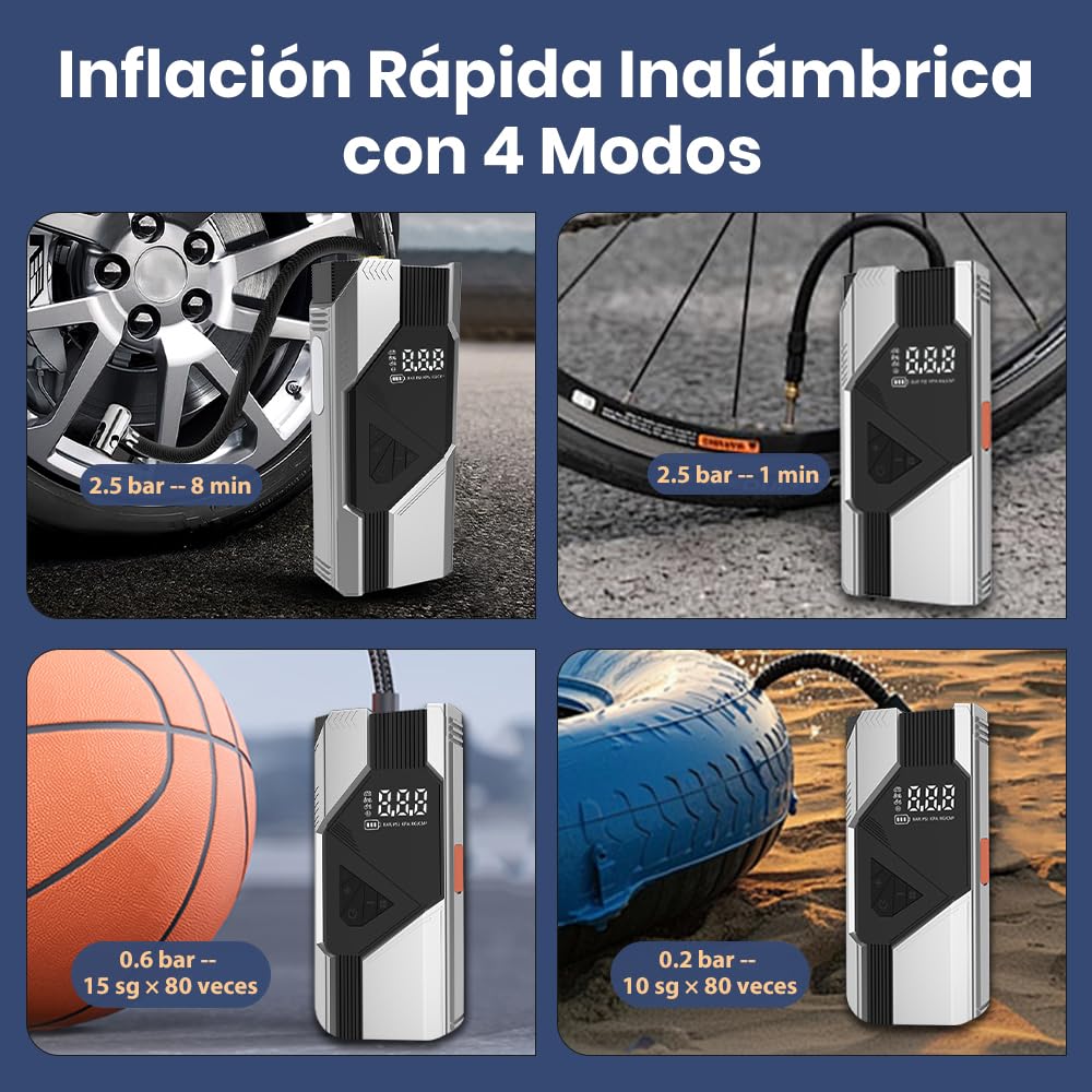 Junsun 10000mAh Compresor de Aire 150 PSI con Arrancador de Batería 12V y Power Bank 18W, Inflador Portátil para Coche Gasolina y Diésel, Arranque de Emergencia, Pantalla LCD, Carga Rápida y Luz LED