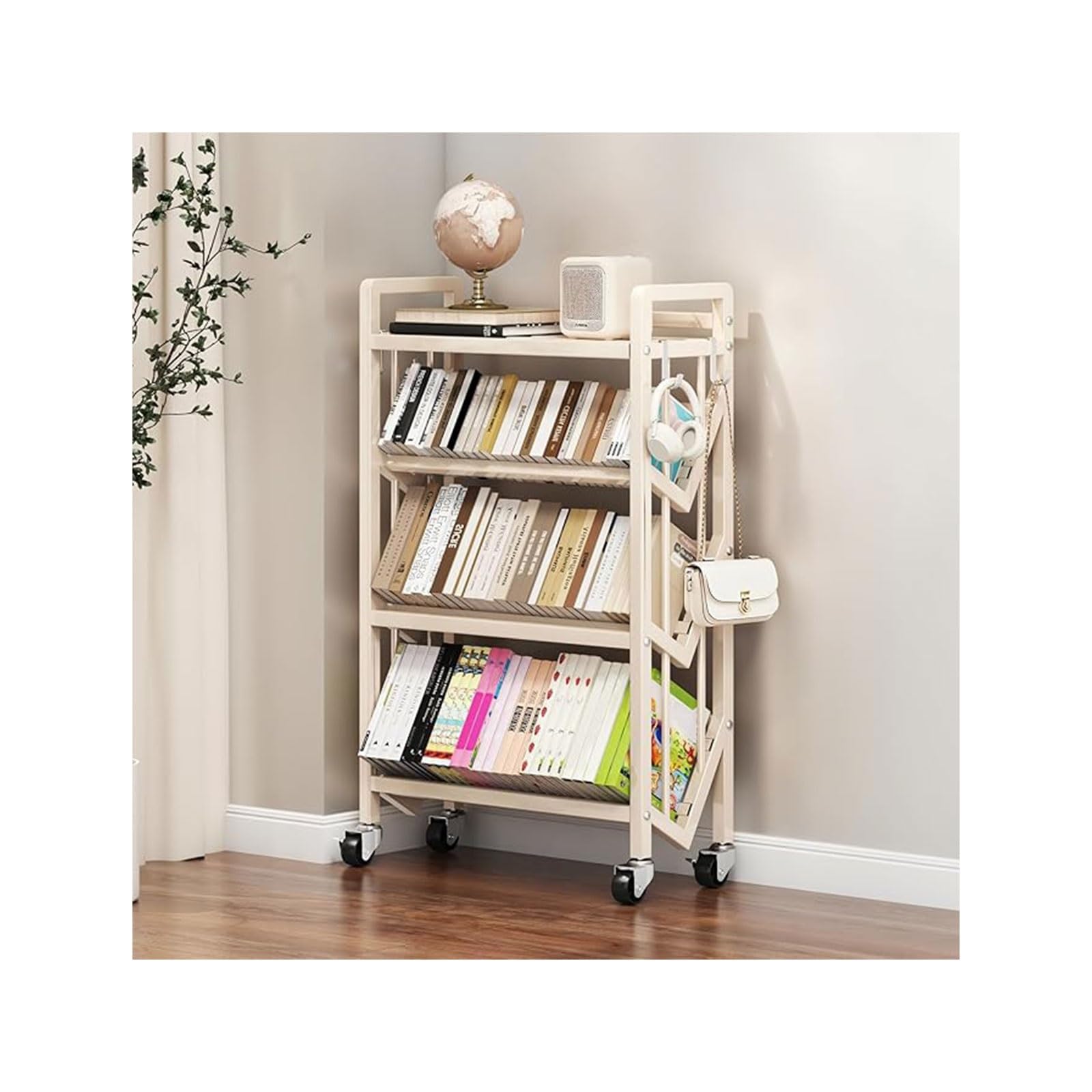 Book Carts with Wheels, Library Rolling Book Cart 2/3/4/5 Tier Movable Bookshelf Mobile Large Capacity L-Shaped Carbon Steel Organizer Rack for Office, Home, Classroom(White,4 Tiers-27.6x9.8x46.5in)