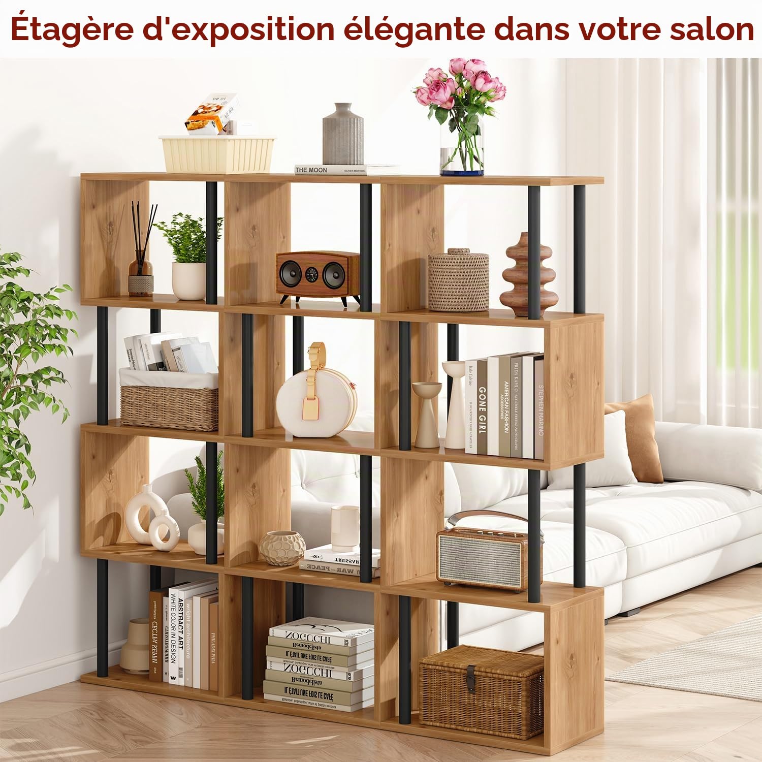 IBUYKE Bibliothèque en Forme de S, Étagère à Livres à 5 Niveaux,Meuble de Rangement,bibliothèque Moderne pour Salon, Chambre à Coucher, Bureau à Domicile,Chêne WBC015K