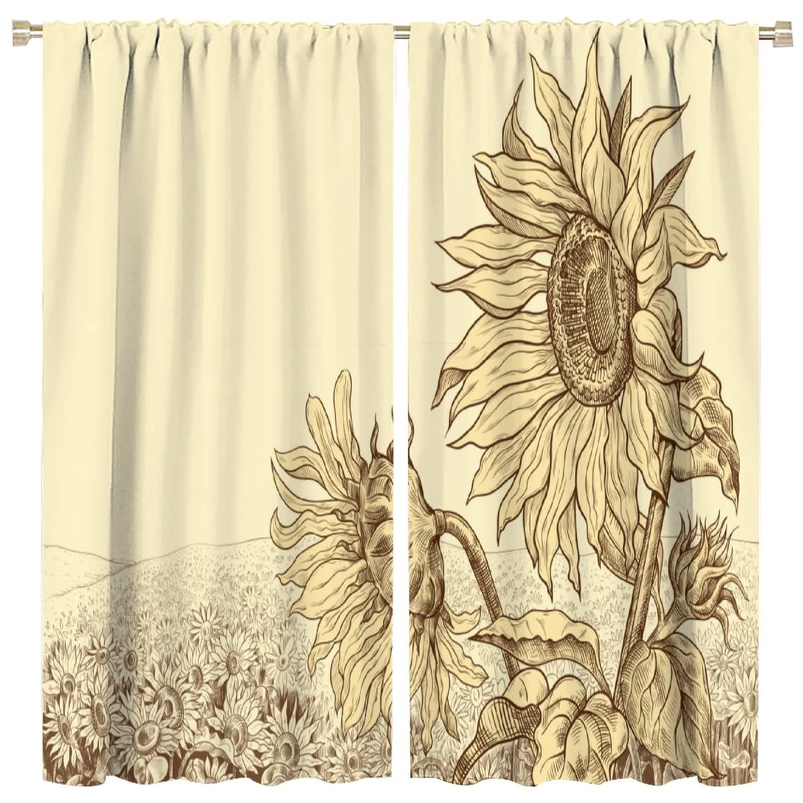 Cortina de ventana de girasol, estampado floral de girasol beige, estilo vintage, oscurecimiento de la habitación, cortinas con bolsillo para cortinero, para sala de estar, dormitorio, comedor, 52