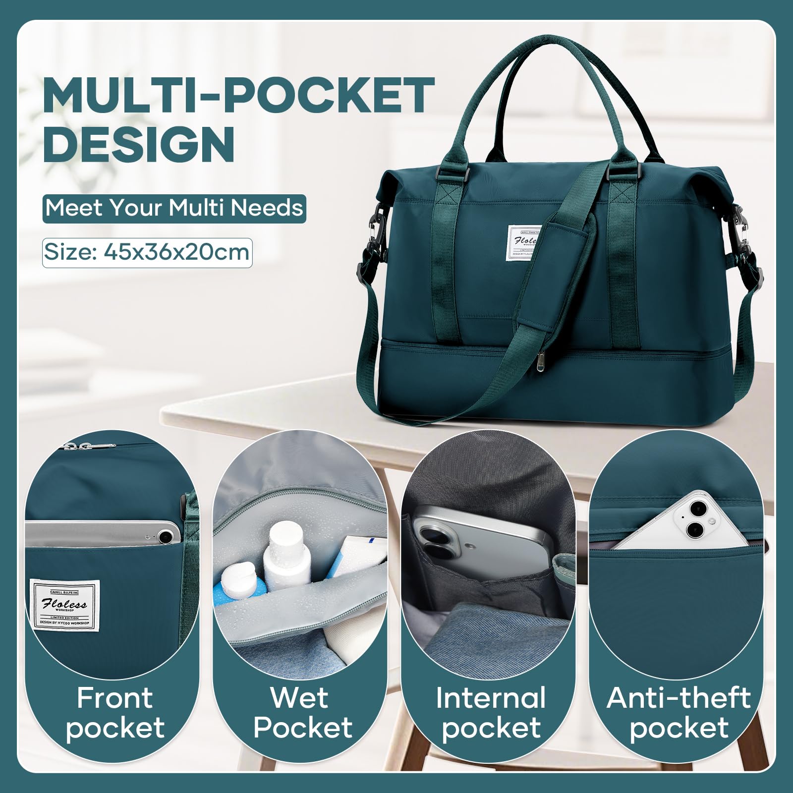 HPLQQ Borsone da Viaggio Donna Bagaglio a Mano Easyjet 45x36x20, Borsa Sportiva Borsone da Palestra con Scomparto per le Scarpe, Borsa da Weekend, Ospedale Parto, Danza,A03-Blu Pavone