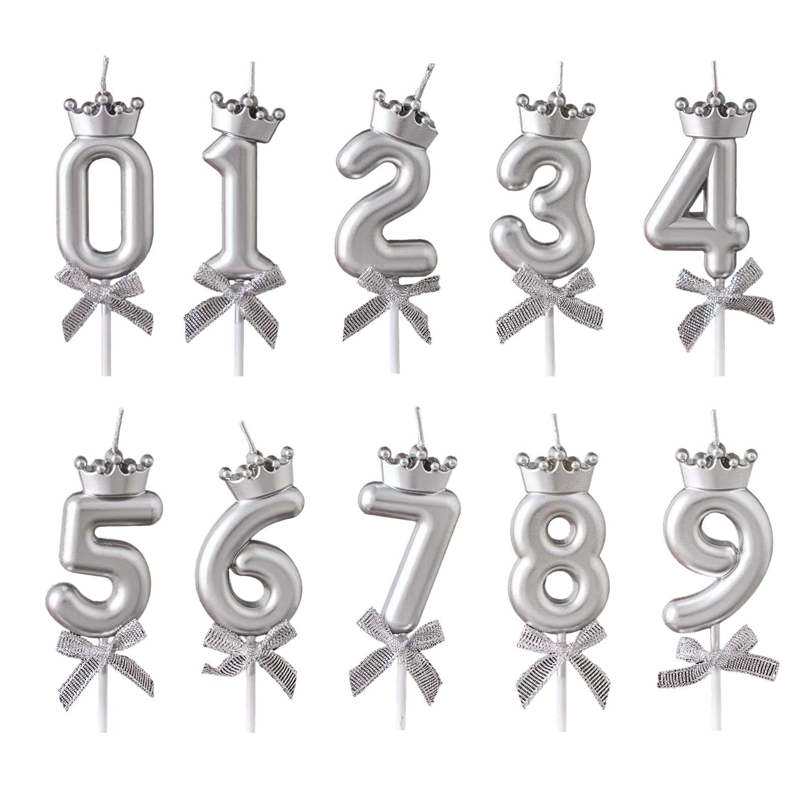 anwhriet Crown Number Birthday Candles, 0-9 Digit Cake Topper Candles with Bow, Gold/Silver/Rose Gold Number Candle for Birthday Anniversary Milestone Celebrations, Cake Decorations Silver
