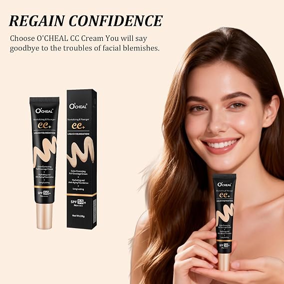 O'CHEAL CC Cream with SPF 50+, Hydrating Color Correcting Cream Full Coverage Lightweight Powder Foundation, Waterproof Long Lasting Pre-makeup Primer Facial Concealer Refine Skin Texture (Natural)