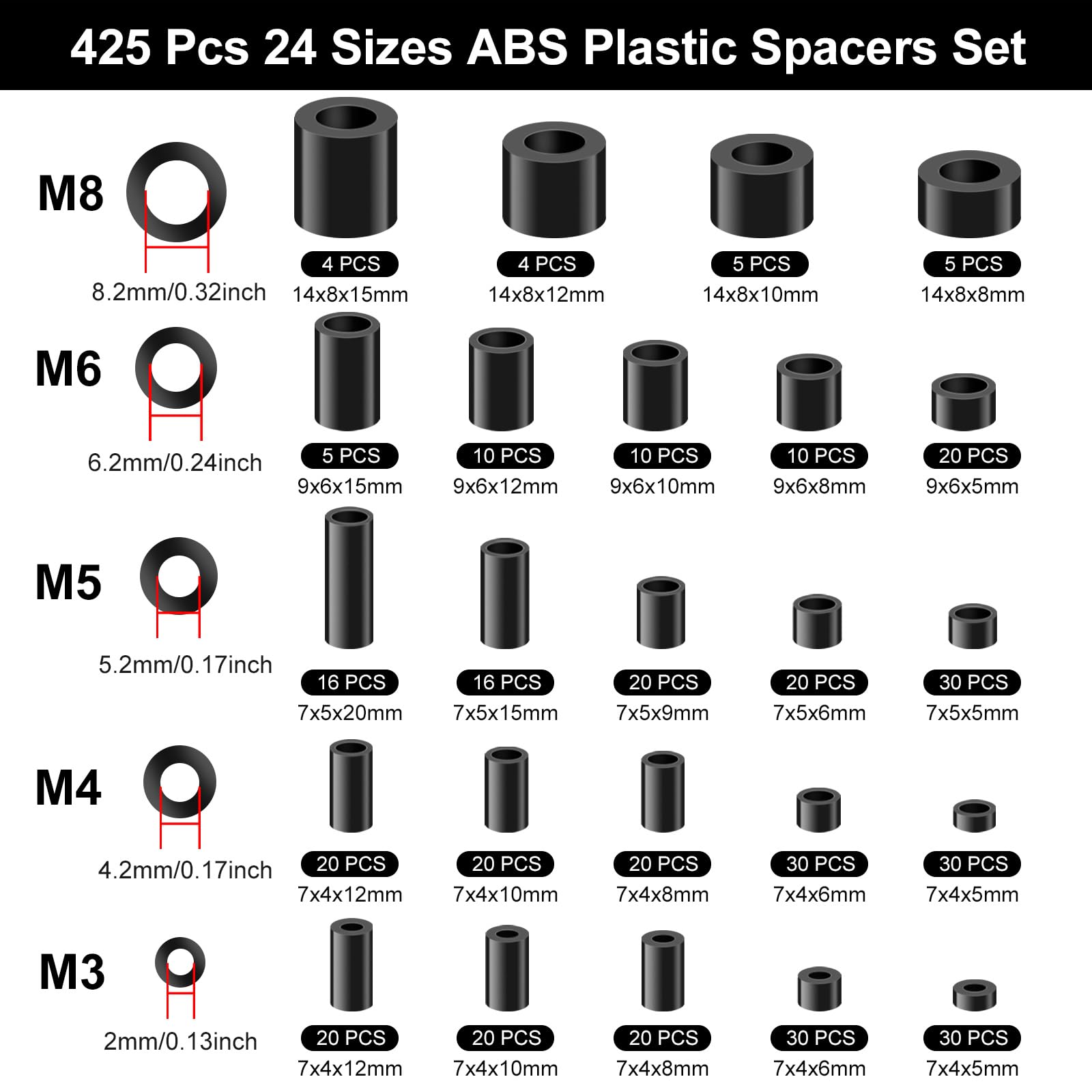 390 Distanziatori In Plastica ABS Rotondi M3 M4 In Nylon – Senza Filettatura, Per Isolamento E Assemblaggio Elettronico