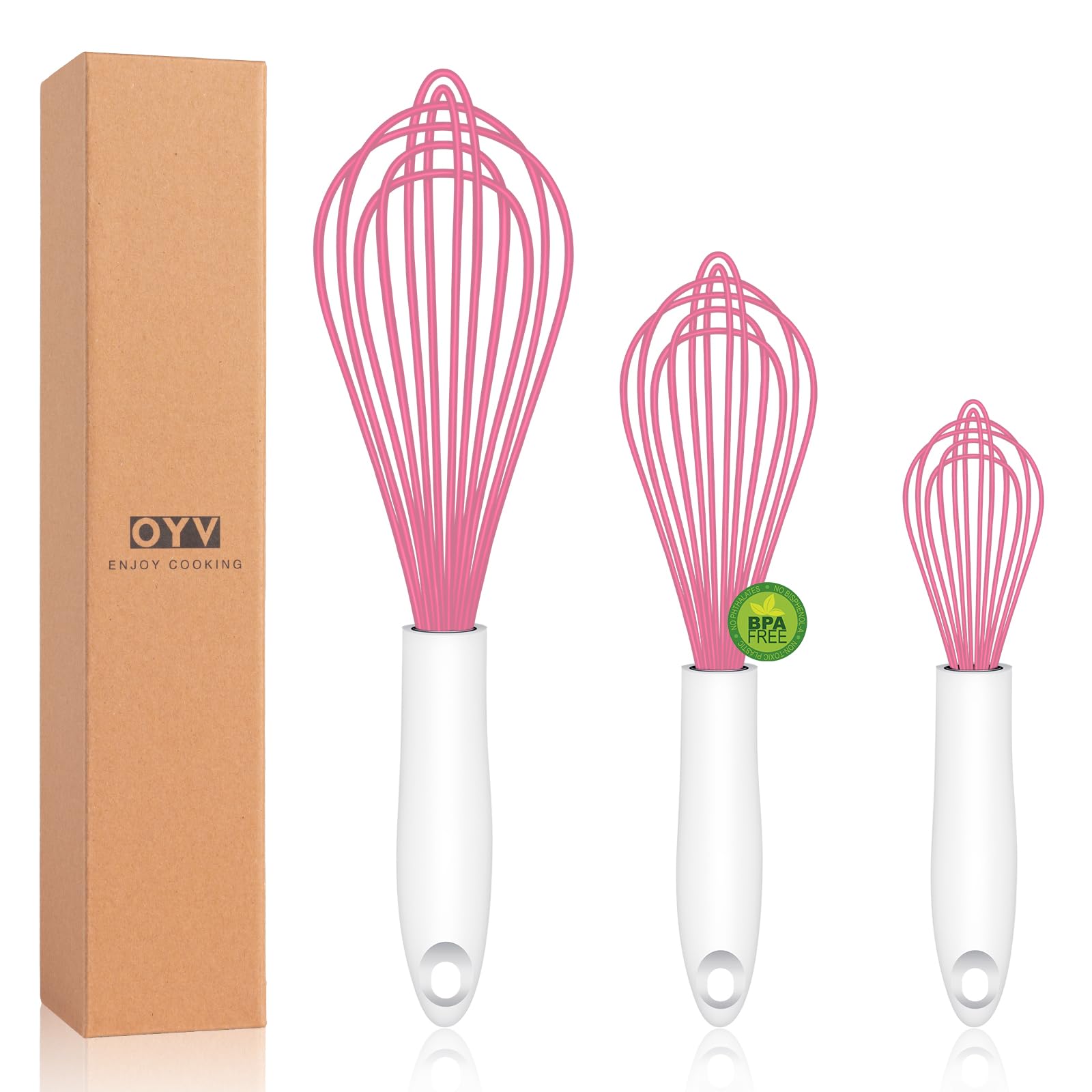 Pink Silicone Whisk, Sealed Waterproof Design Set of 3, Professional Kitchen Whisks for Cooking Non-Scratch, Silicone&Stainless Steel Whisk, Heat Resistant 480°F Rubber wisk, BPA free