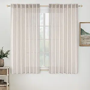 MIULEE White Short Linen Curtains 45 Inch Length 2 Panels for Kitchen Bedroom Bathroom, Soft Thick Linen Textured Natural Basement Window Drapes Semi Sheer Light Filtering Back Tab Rod Pocket