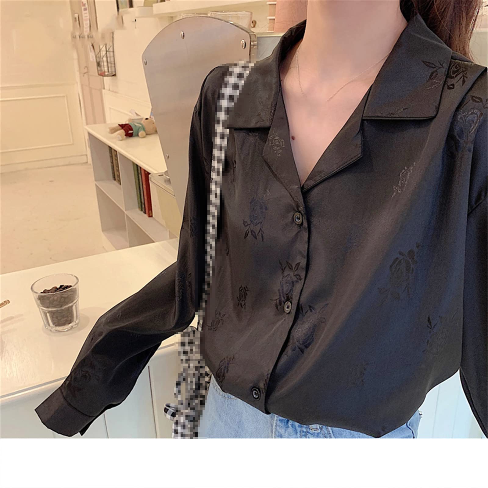 Chemisier vintage boutonné pour femme avec col rabattable à manches longues, Noir , M