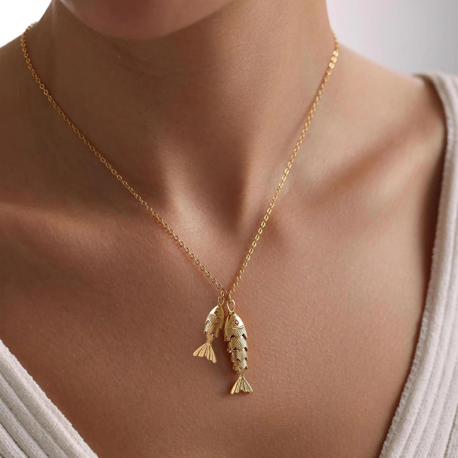 Gold Fish Charm Necklace for Women, Trendy Boho Gold Plated Sea Ocean Sardine Koi Double Fish Pisces Pendant Necklace with Dainty Chain Summer Beach Jewelry Gifts - Image 3