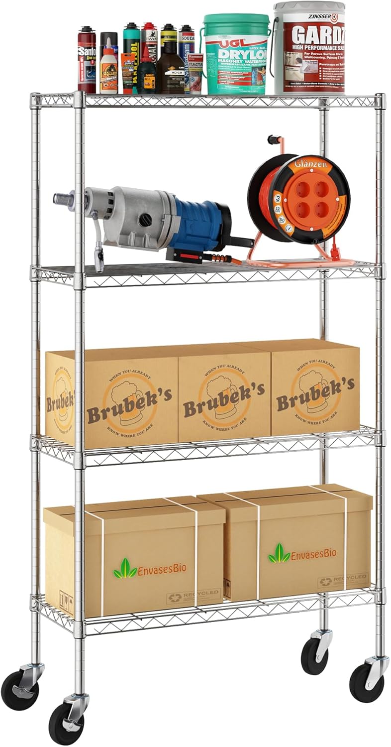 Furinno Wayar 4-Tier Metal Storage Shelf Rack Cart with Casters, 36 x 14 x 58, Stainless Steel