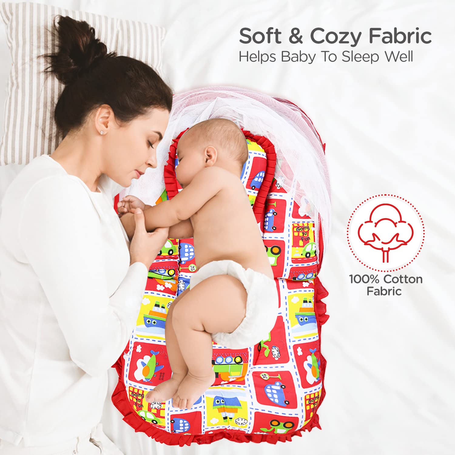 Mee Mee Cushioned Baby Mattress Set with Mosquito Net & Pillow (Red) 3