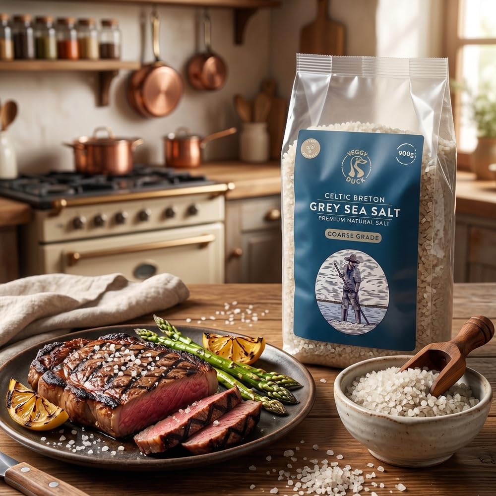 Veggy Duck - Sal Celta - Sal Gris Celta Bretona Gruesa (900g) - Sin Refinar | Natural | Sin OMG | Vegana | Genial para Cocinar