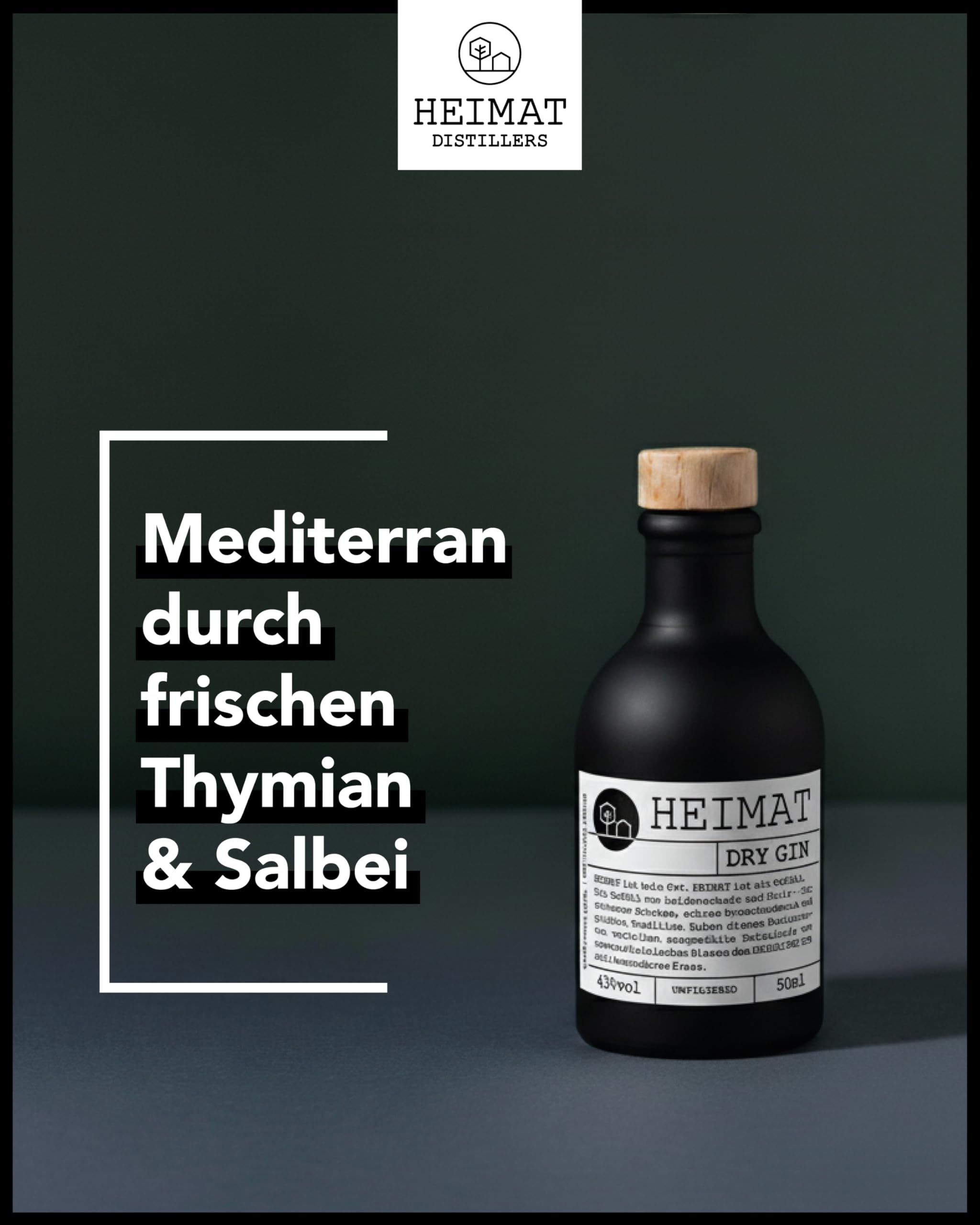 HEIMAT Dry Gin Miniatur (1x 50ml) zum Probieren mit 18 Botanicals wie Salbei, Thymian, Apfel, Lavendel, Ingwer aus der Heimat Destille, kleine Flasche Probiergröße Geschenk