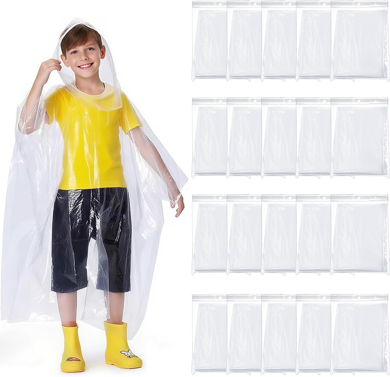 20 Pack Disposable Rain Ponchos for Kids, Clear Plastic Ponchos with Hood, One Size, Waterproof Raincoat for Boys Girls, Emergency Rain Poncho Lightweight for Outdoor Events, Travel, Camping - Image 9