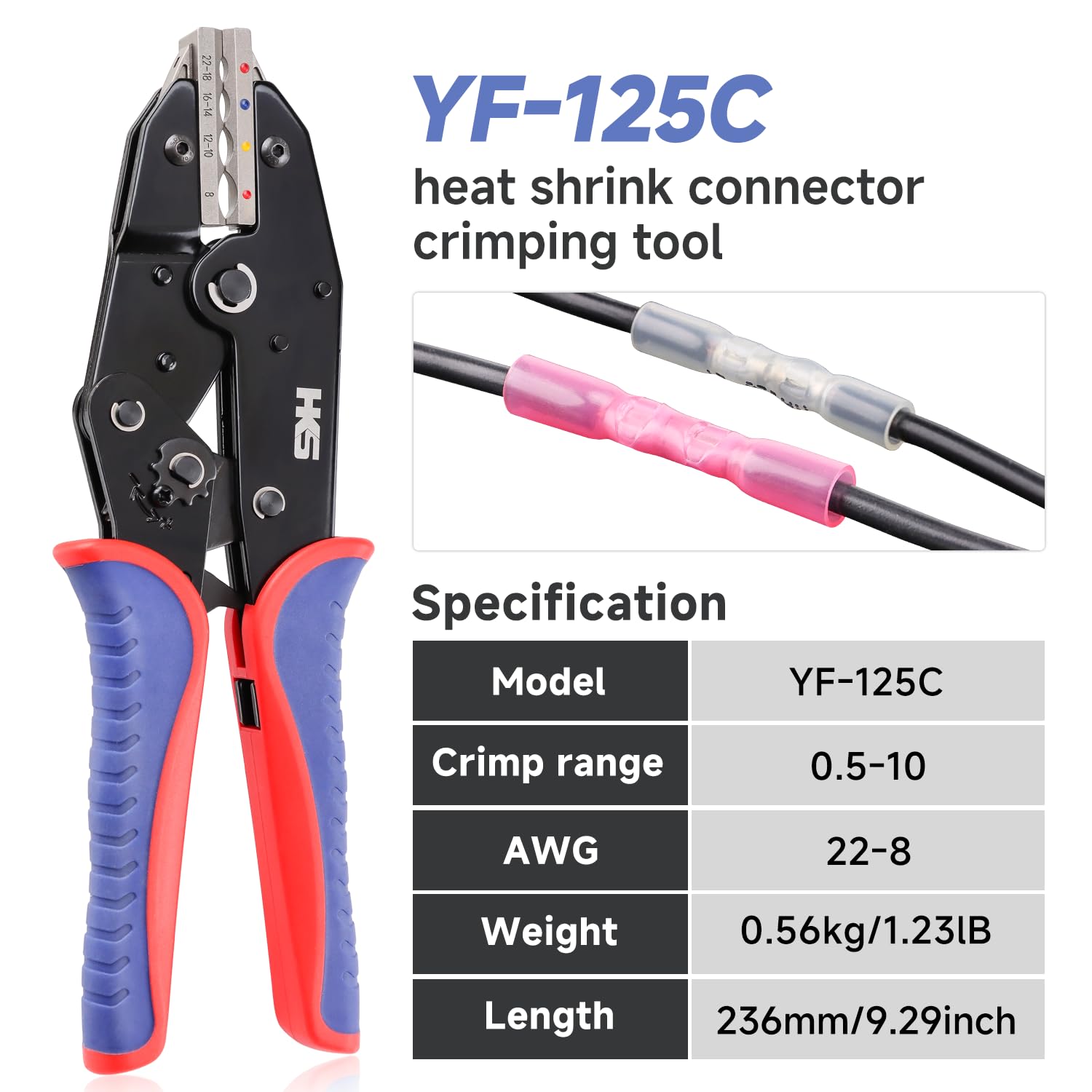HKS Herramienta de crimpado para conectores termorretráctiles, crimpadoras de alambre de trinquete, AWG 22-8 (0,5-8,0 mm²), crimpadora de terminales de trinquete, herramienta de crimpado eléctrica