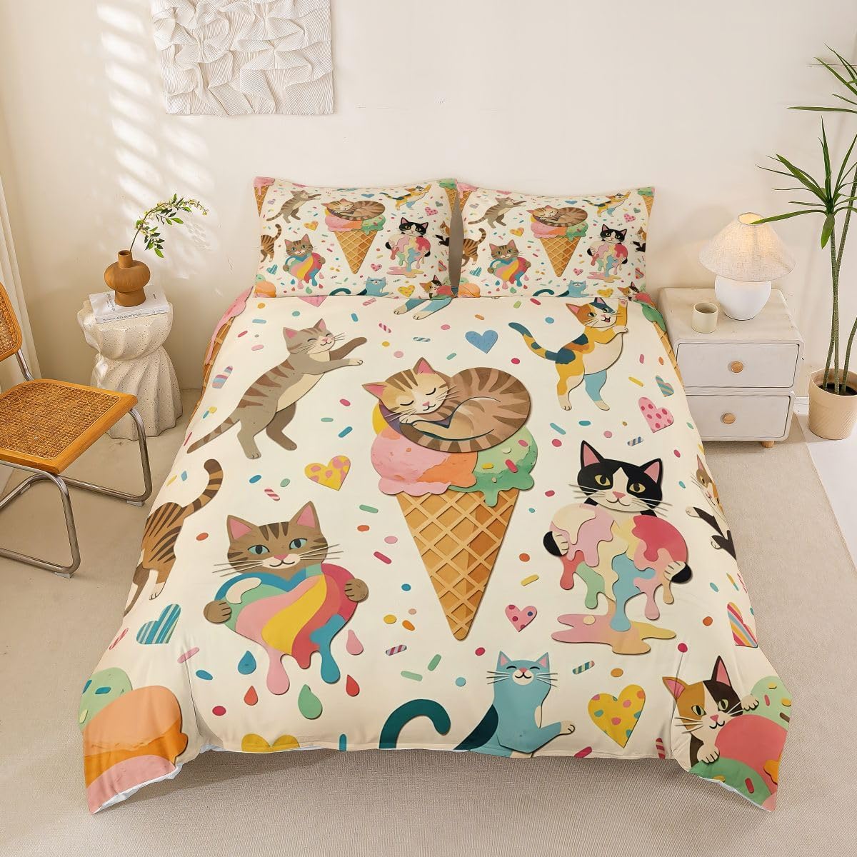 Ice Cream Cat Bedding Sets Queen Size,Rainbow Love Heart Colorful Pets Duvet Cover Set 3Pcs for Kids Girls Boys Women Room Decor,Animals Comforter Cover Watercolor Quilt Cover,2 Pillowcases