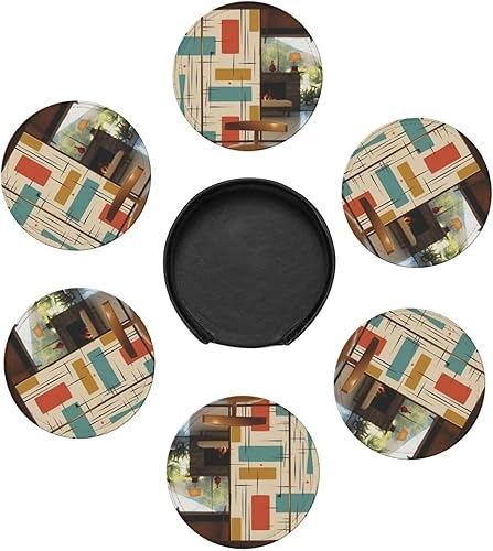 Miniatura 4 de Juego de 6 posavasos modernos de mediados de siglo con soporte de cuero, protector de mesa para bar, decoración de tazas, almohadilla para mesa de