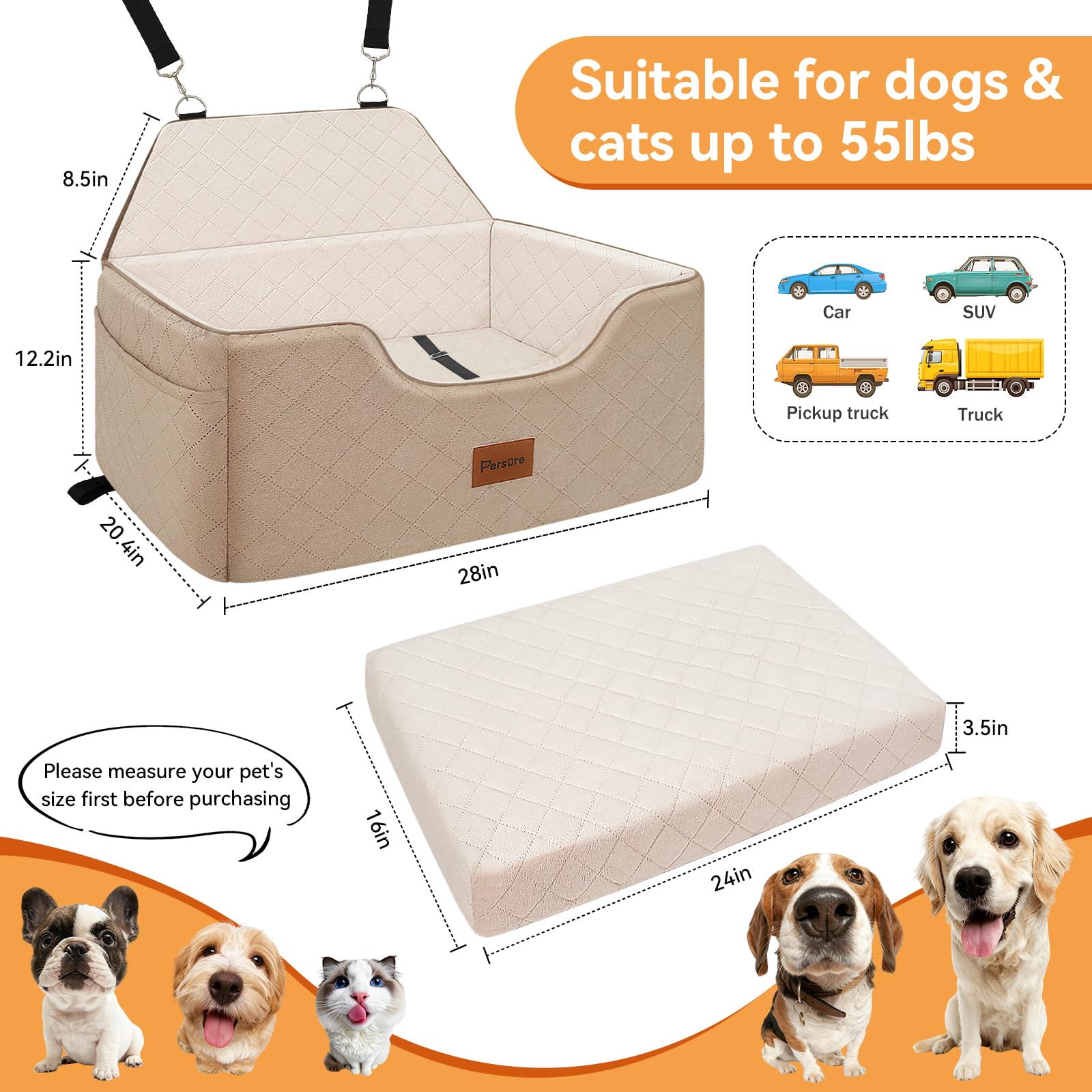 Persure Hunde-Autositz für große und mittelgroße Hunde, abnehmbarer, waschbarer Hunde-Sitz, Haustier-Reisebett mit Aufbewahrungstaschen und Sicherheitsgurt für Hunde, Kaffee, Größe L