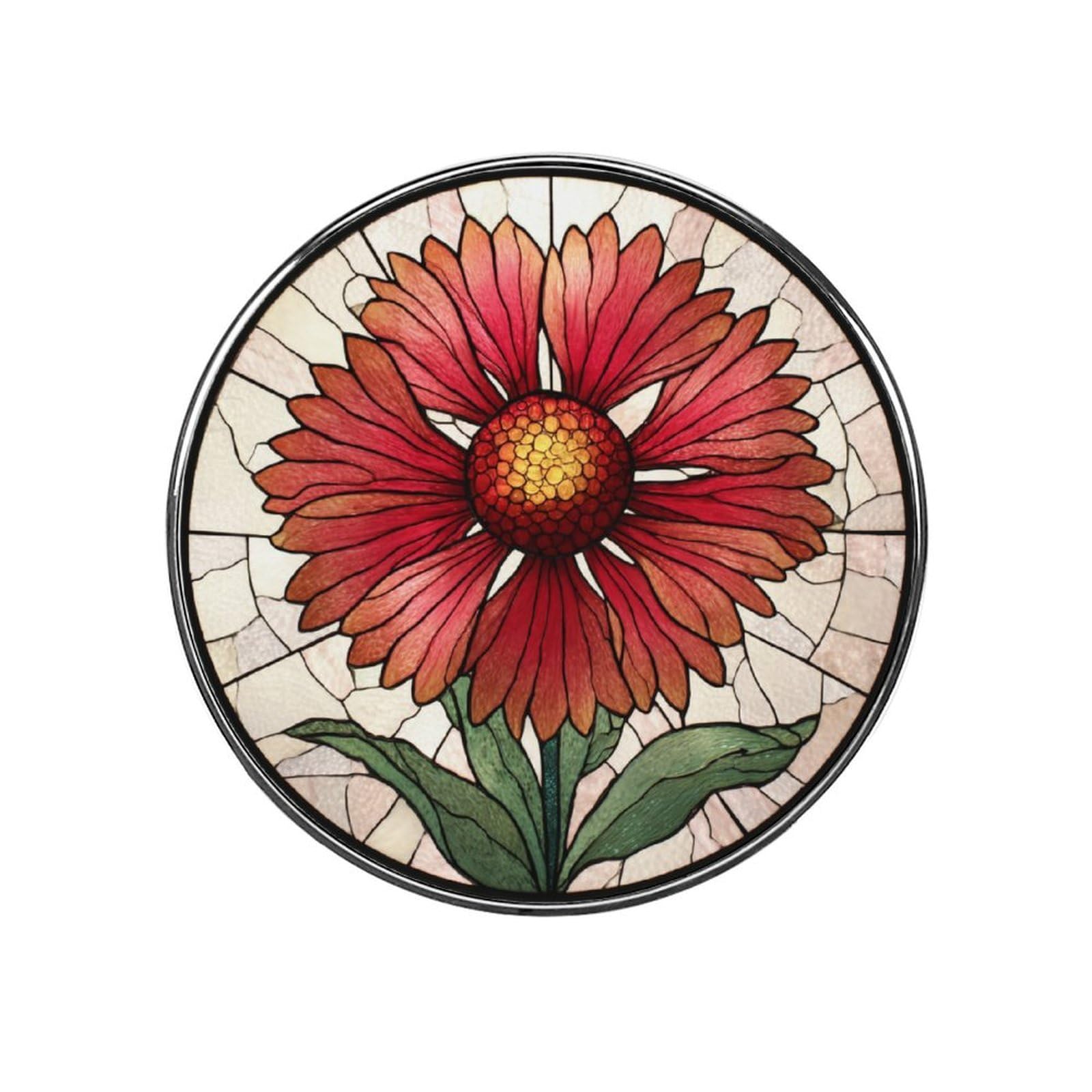 Stained Glass Indian Red And Pink Wildflower Fridge Magnets DIY Art Round Magnetic Refrigerator Sticker for Home Kitchen Car Garage Decor