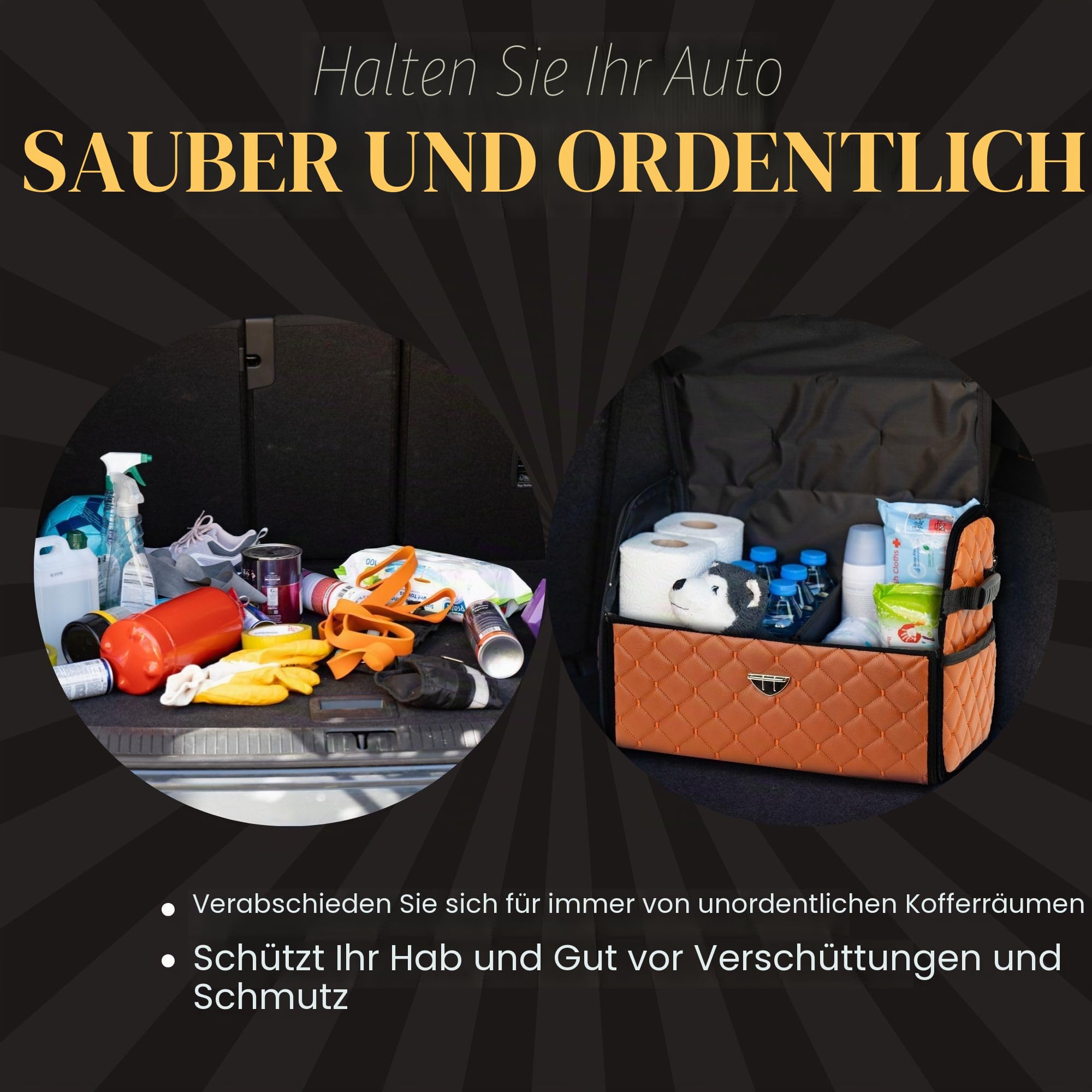 Kofferraum-Organizer aus Leder mit Deckel, faltbarer Auto-Organizer, Trennwand und Kofferraumaufbewahrung mit Taschen, Kofferraum-Organizer, rutschfestes Design (Braun-Schwarz)