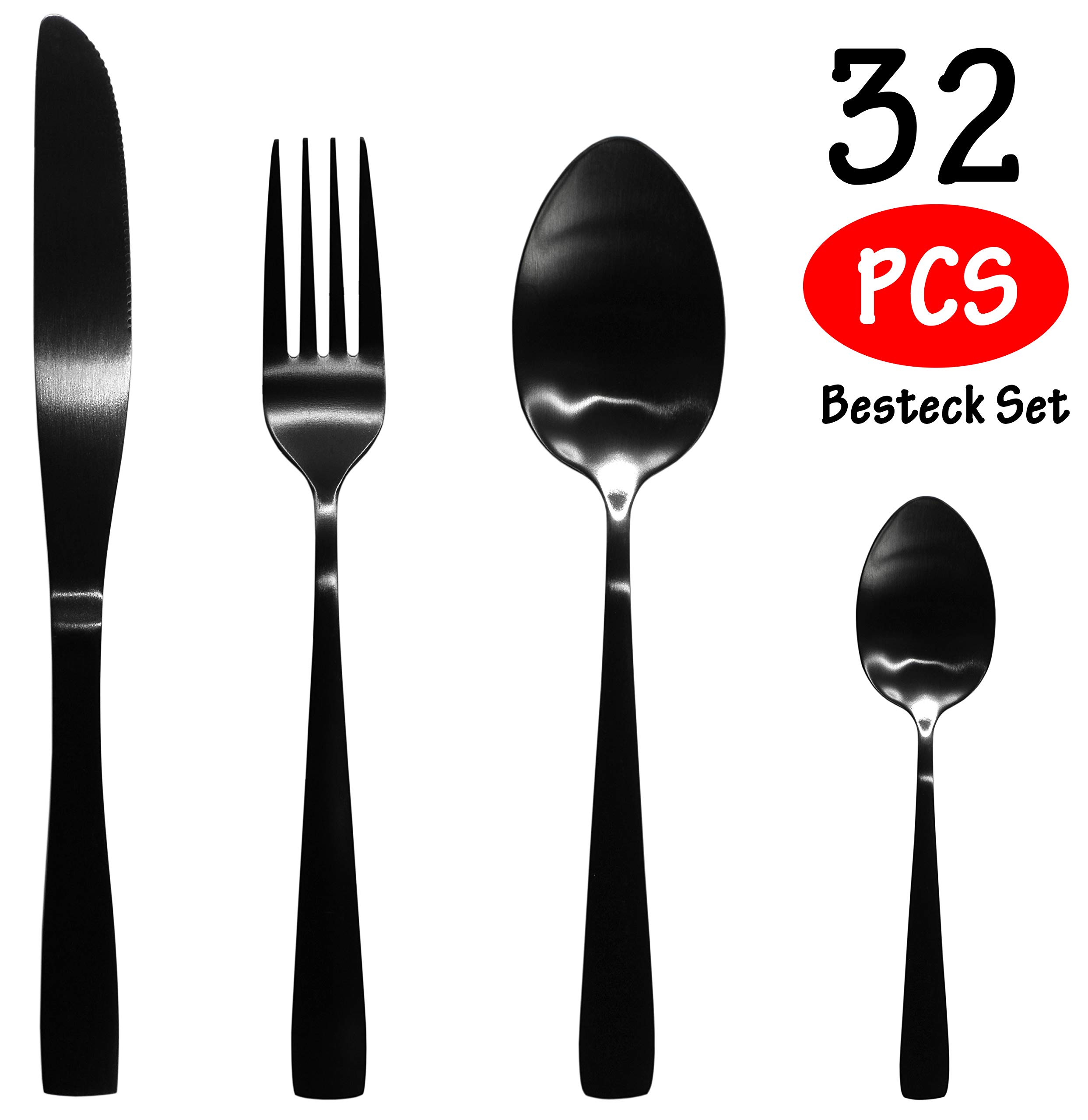 16/32 teiliges Edelstahl Besteck Set Tafelbesteck Essbesteck Gabel Messer Löffel Set schwarz matt/silber bis 8 Personen (Schwarz 32-teilig)