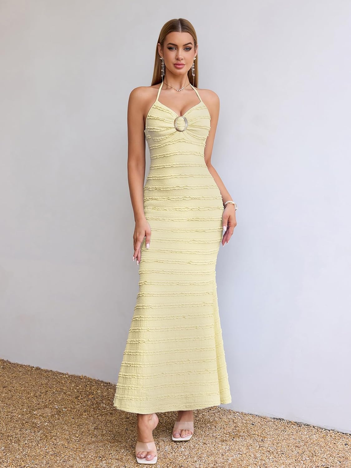 HTZMO Women Elegant Summer Casual Bodycon Maxi Dress Sexy V Neck Halter Ruffle Wedding Guest Formal Long Dresses - Image 3