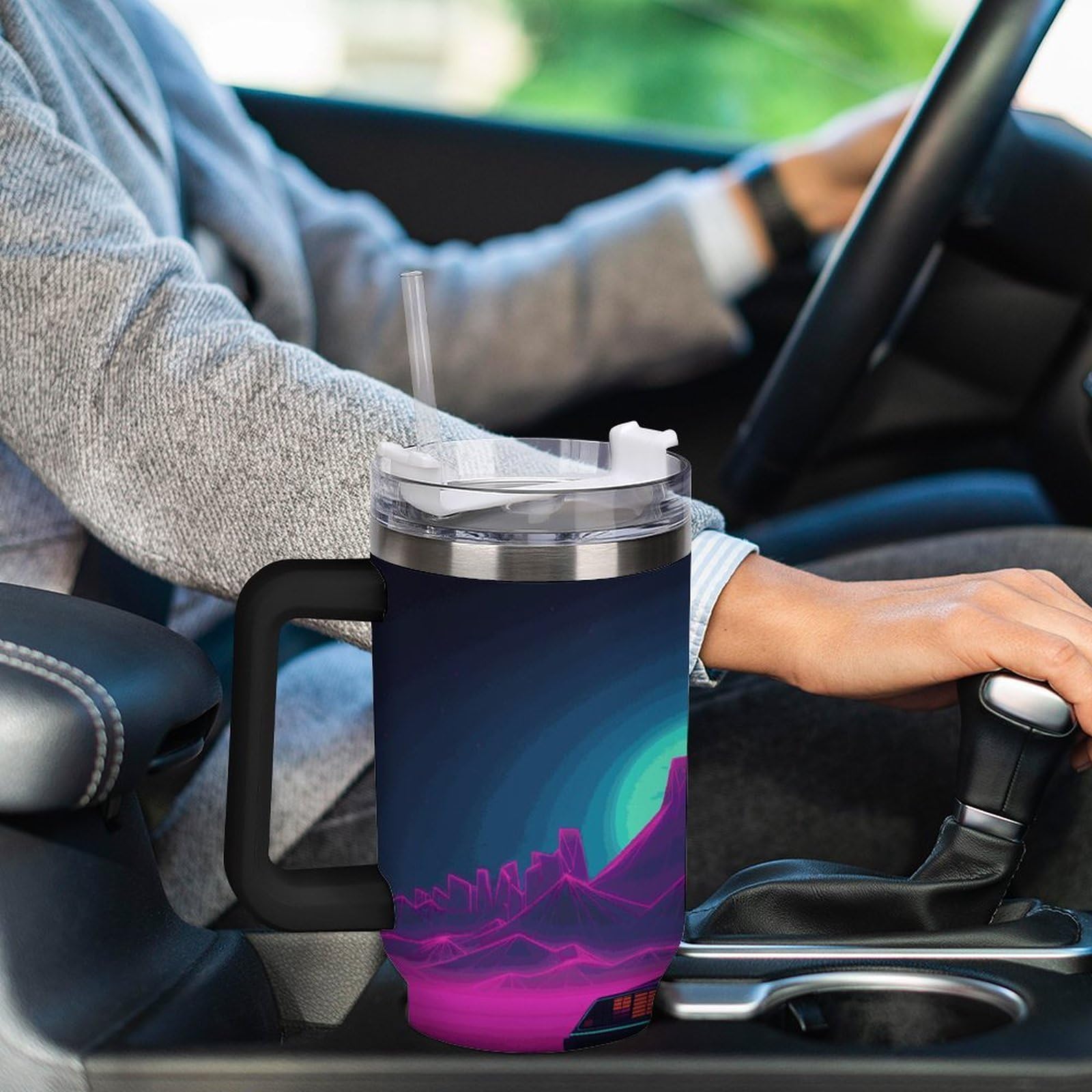 Retrowave Pictures - Tazas con popote y asa, taza de café con aislamiento al vacío de doble pared, botellas de agua para café helado, té, bebida caliente y fría