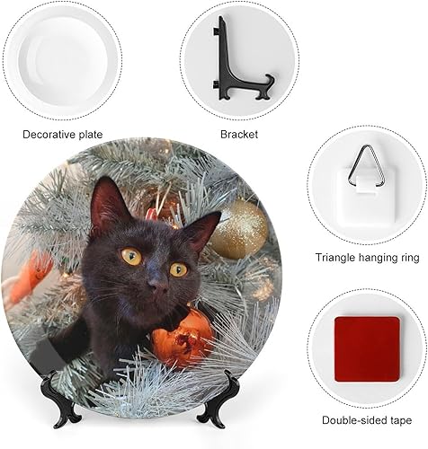 Miniatura 3 de Plato decorativo de cerámica para árbol de Navidad con diseño de gato negro, placa decorativa con soporte, placa redonda de exhibición para