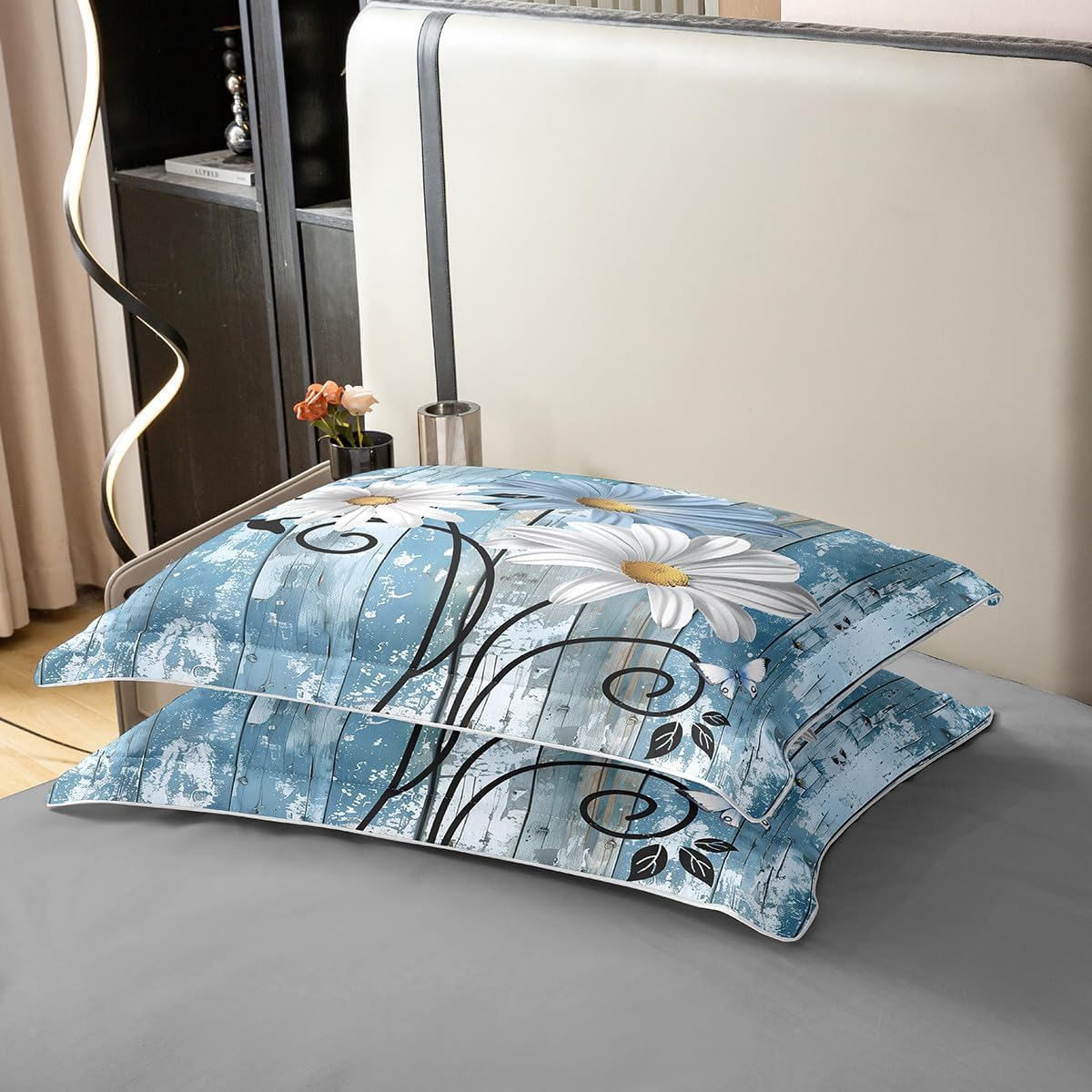 Erosebridal 2Pcs 100% Cotton Blue White Floral Comforter Cover,Twin Size Retro Rustic Farmhouse Wooden Board Bedding Set Butterfly Duvet Cover Country Vintage Botanical Leaves Flower Bedroom Decor