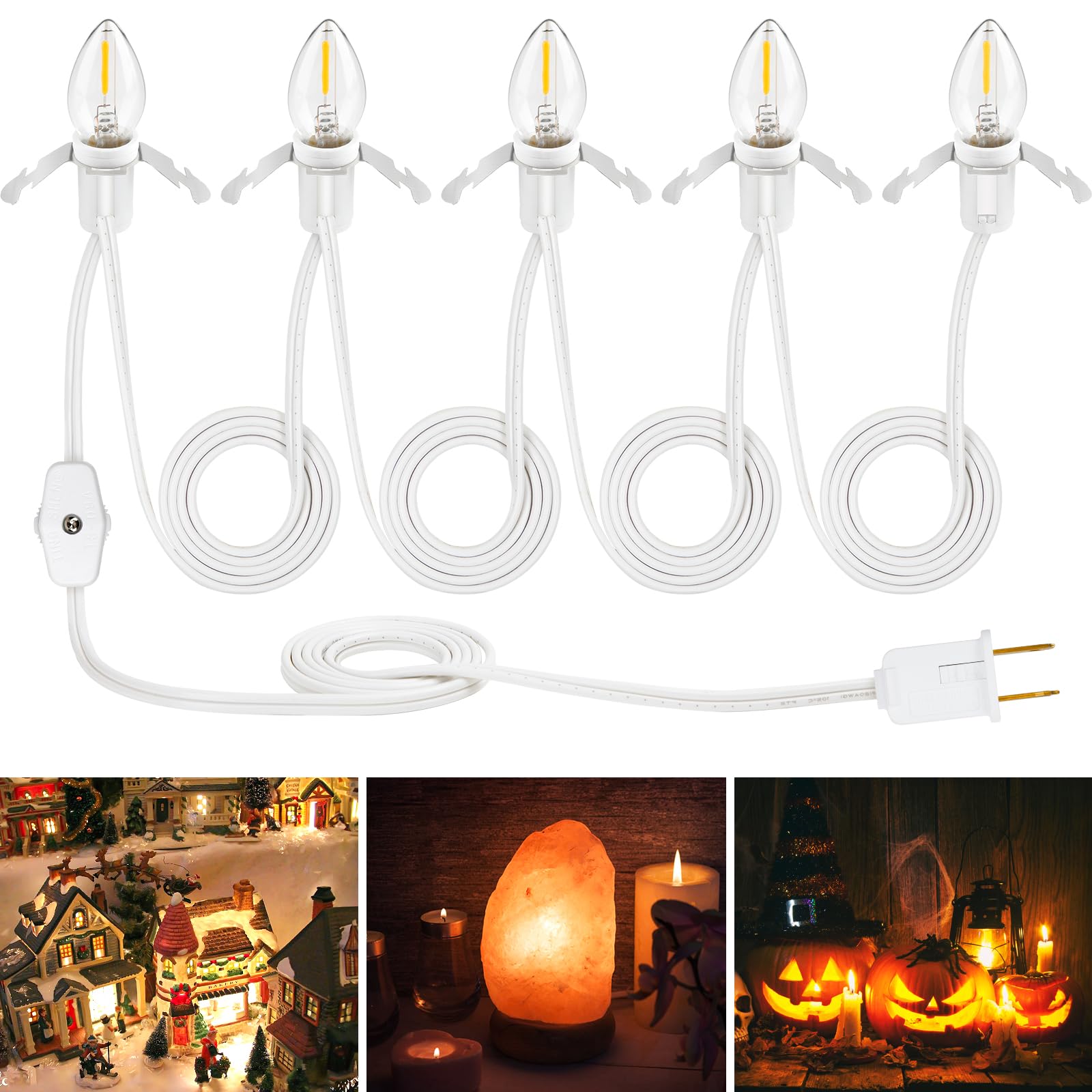 BesLowe9FT Accessory Cord with 5 LED Light Bulbs, Blow Mold Lights with On and Off Switch, Clip-in Lamp Cord Replacement, C7 Clip Light String Decoration for Village Houses Halloween Holiday Decor