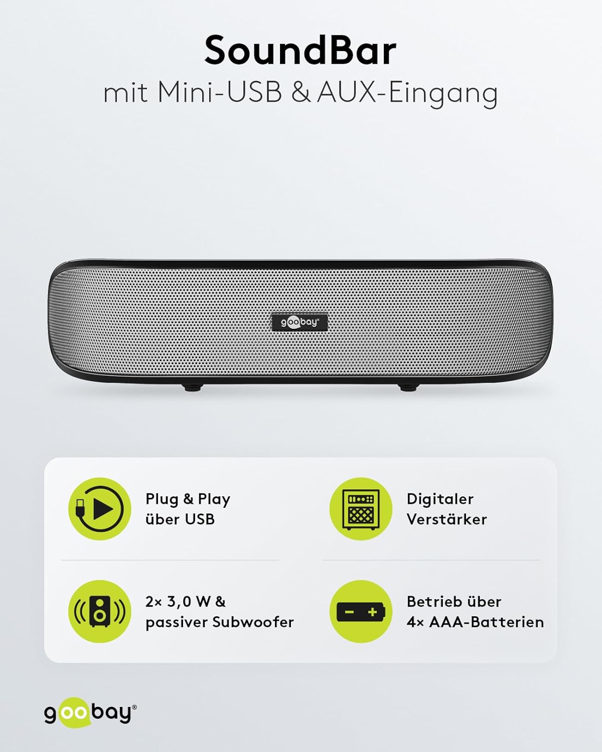 Diagram showing key features: Plug & Play via USB, Digital Amplifier, 2x 3.0W & passive subwoofer, 4x AAA battery operation.