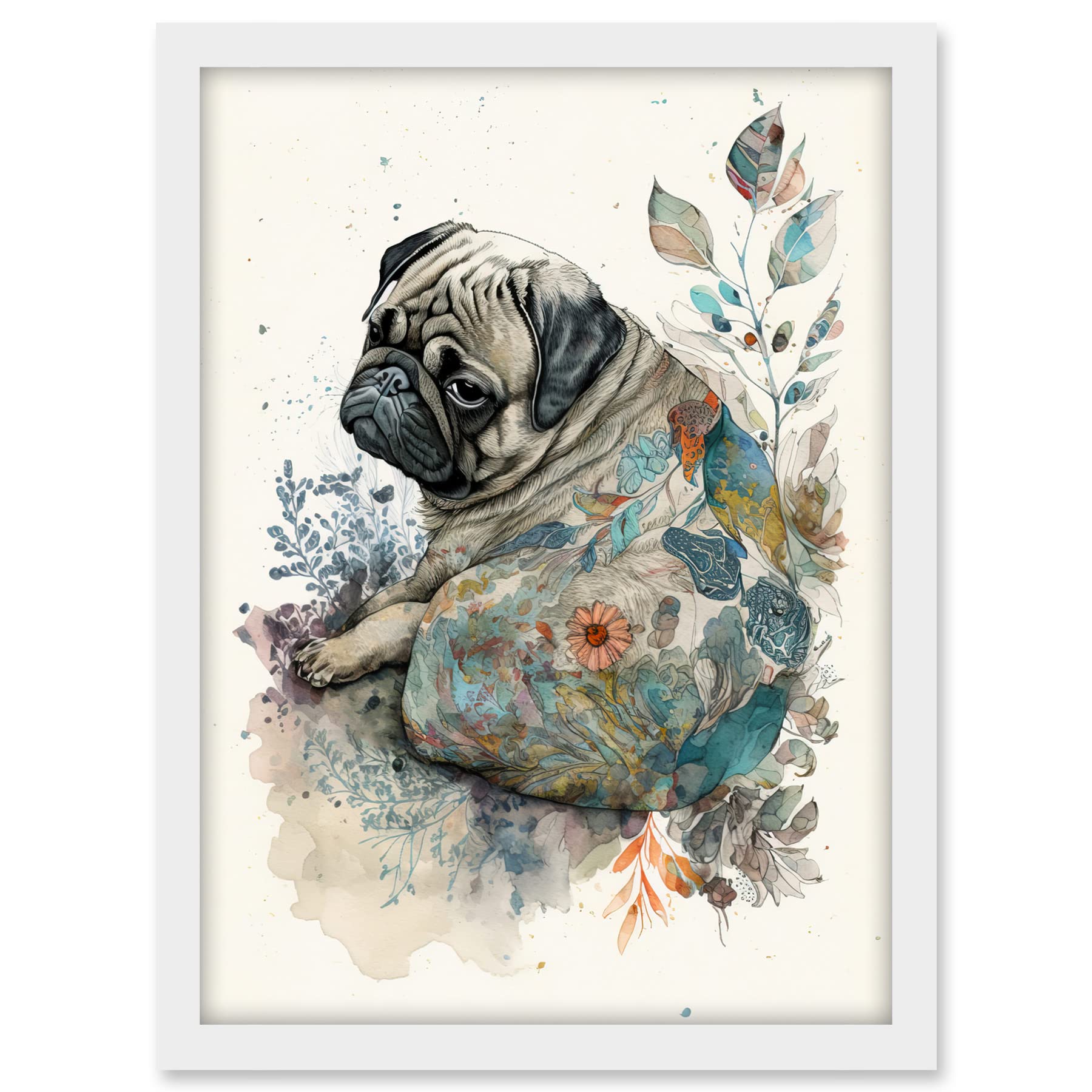 Artery8 Pug Dog with Floral Pattern Modern Multicoloured Watercolour Illustration Artwork Framed A3 Wall Art Print