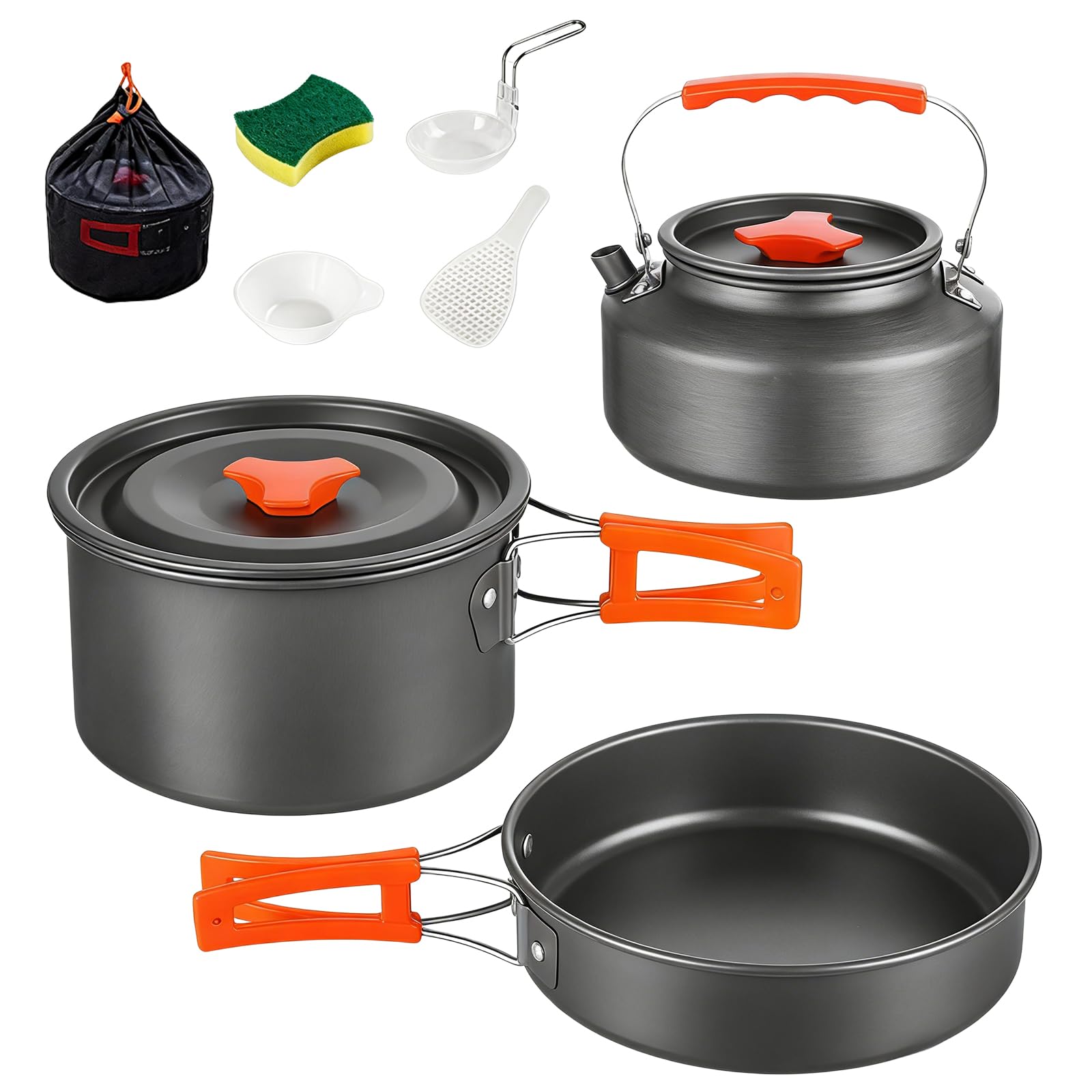 Camping Kochgeschirr Set, 10-teiliges Outdoor Geschirr Set für 2-5 Personen, Kochgeschirr Kit mit Camping Topf, Bratpfanne und Teekannen, Camping Kochtopf Set Aluminium für Outdoor Wandern Picknick
