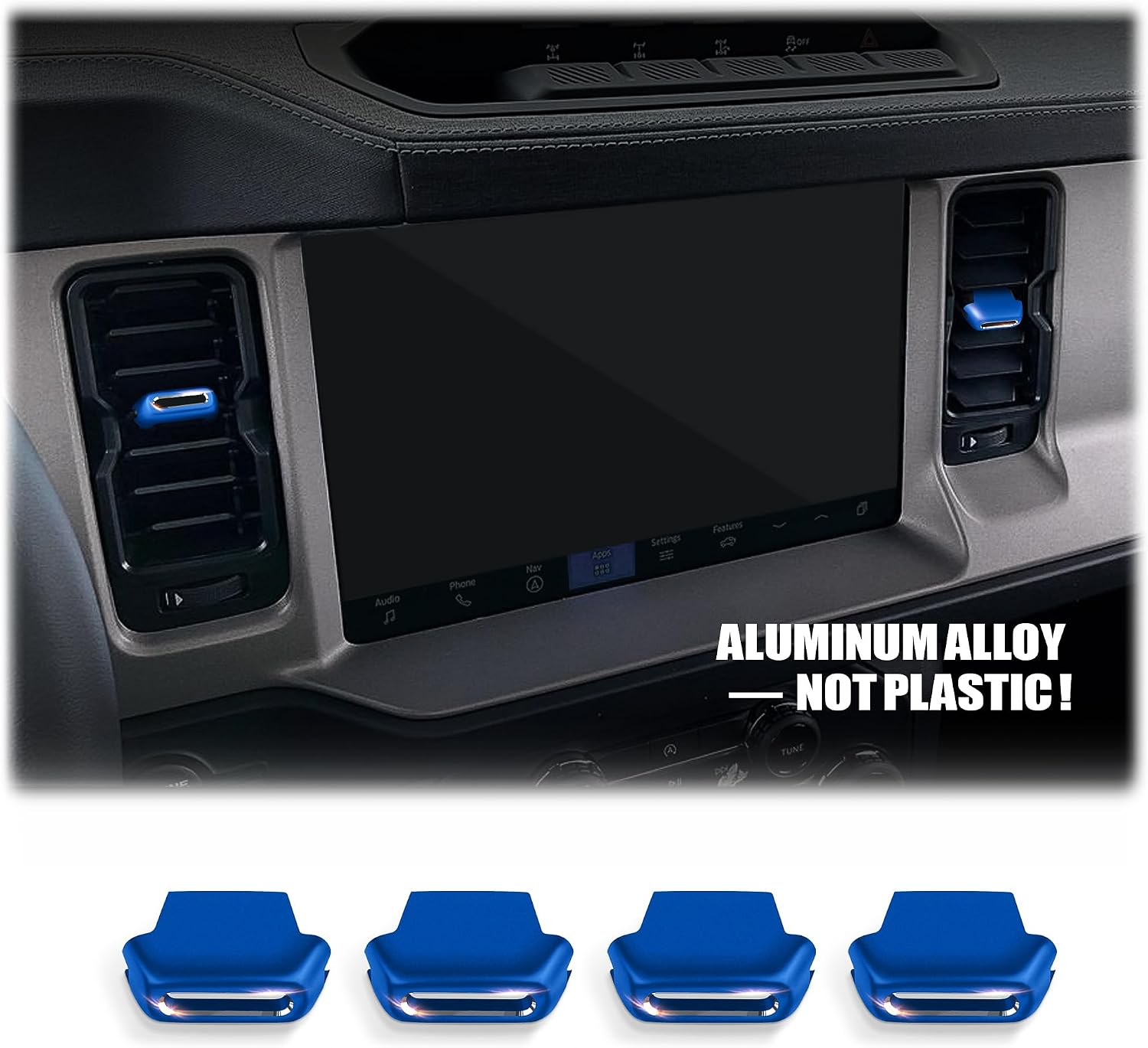 for 2021-2026 Ford Bronco Accessories, New Upgraded Aluminum Alloy - 4PCS Air Vent Button Cover Trim Kit, Interior Upgrade & Original Button Protects (Not fit Bronco Sport) (Blue)