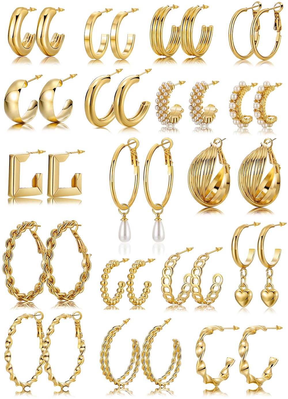 Golden Chunky Earrings for Women, Hypoallergenic Lightweight Hoops, Pearl Stud Twist Heart Round Dangle Earring Packs Jewelry Gifts for Women