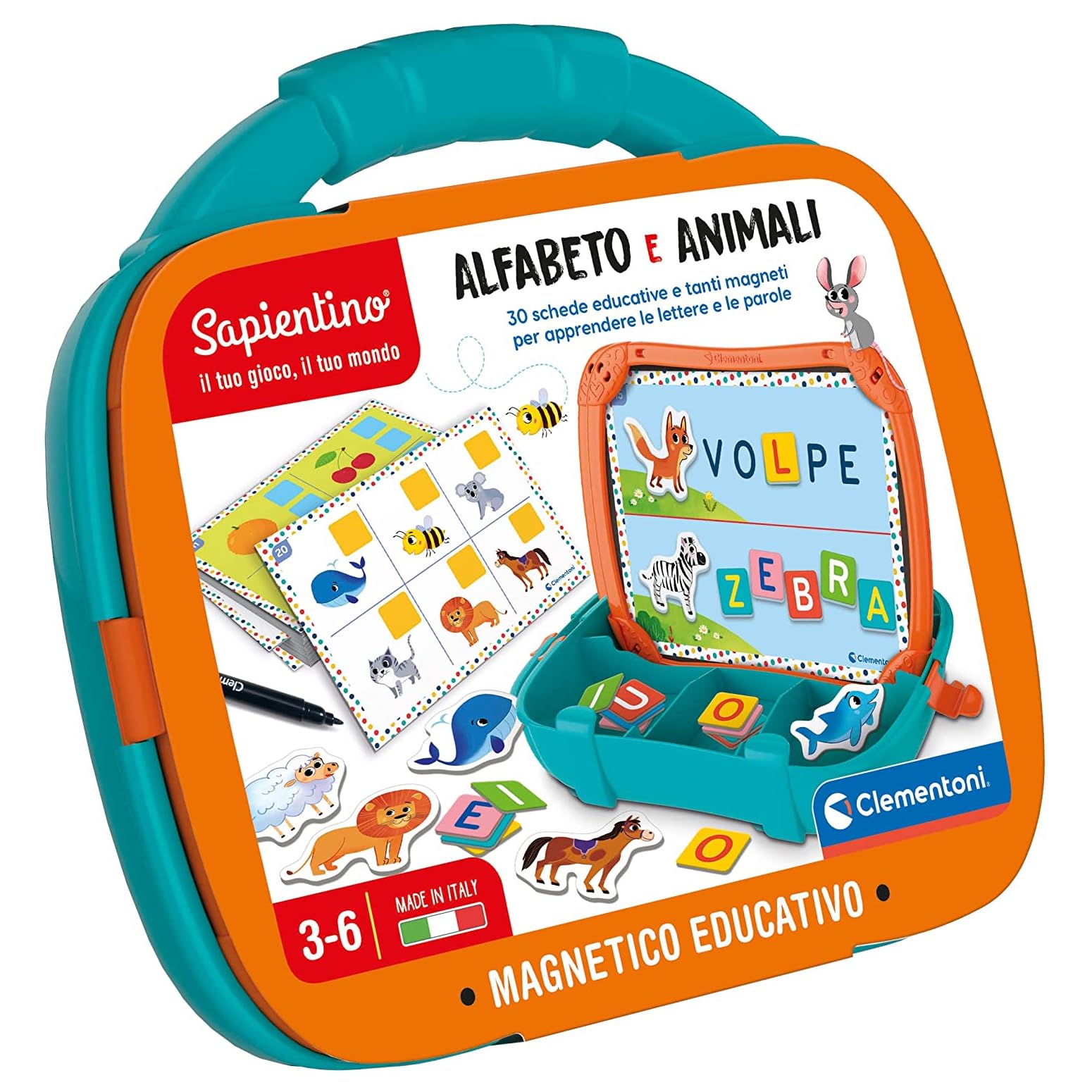 Clementoni Sapientino - Valigetta Magnetica Alfabeto e Animali, Gioco Educativo per Bambini 3-6 Anni, con Lavagna e 30 Schede per Apprendere Lettere e Parole, Made in Italy, Lingua Italiana, 16714