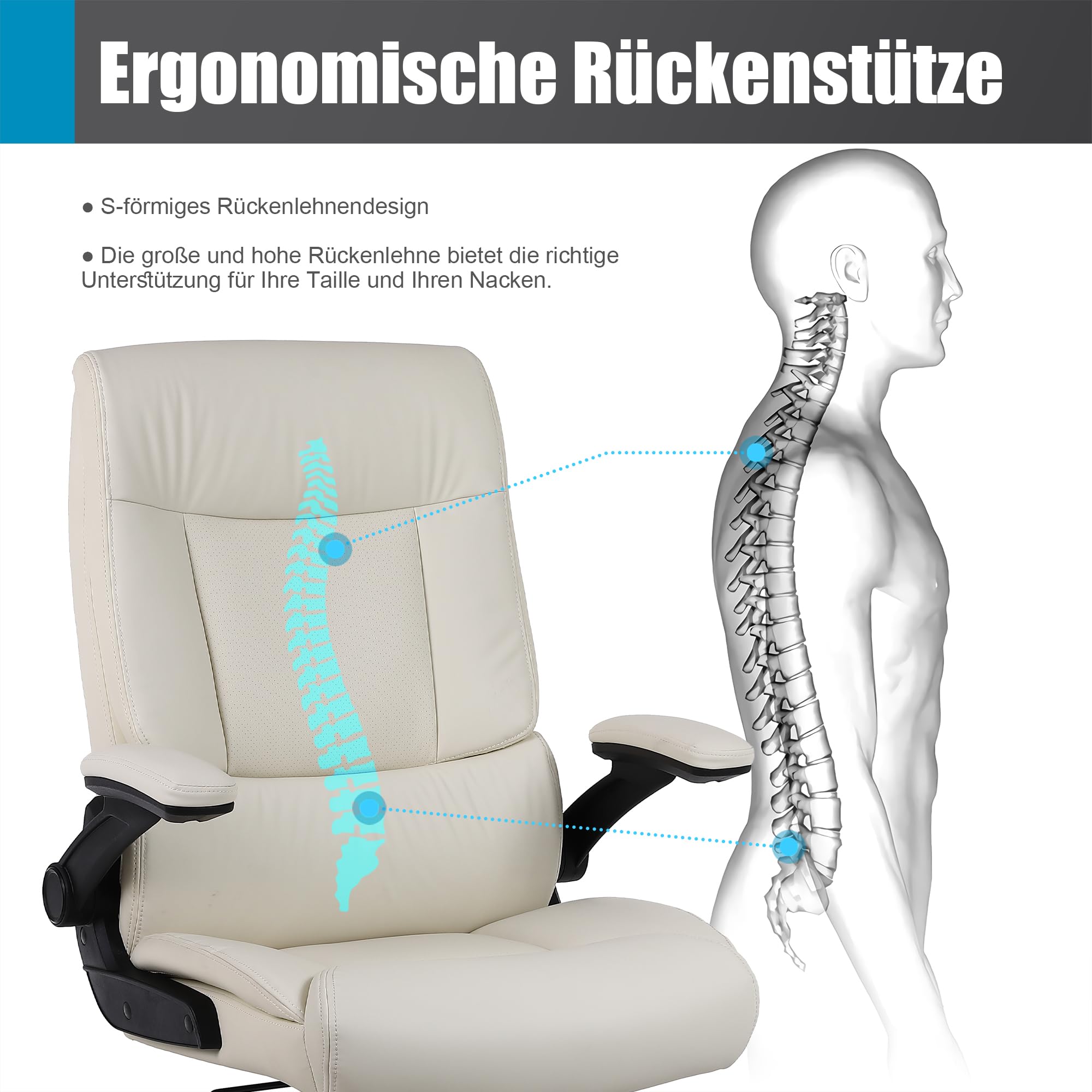 Youhauchair Bürostuhl 200kg für schwere Menschen, Chefsessel aus PU-Leder, Bürostuhl Ergonomisch mit hochklappbarer Armlehne, Schreibtischstuhl Office Chair für Home Office, Beige