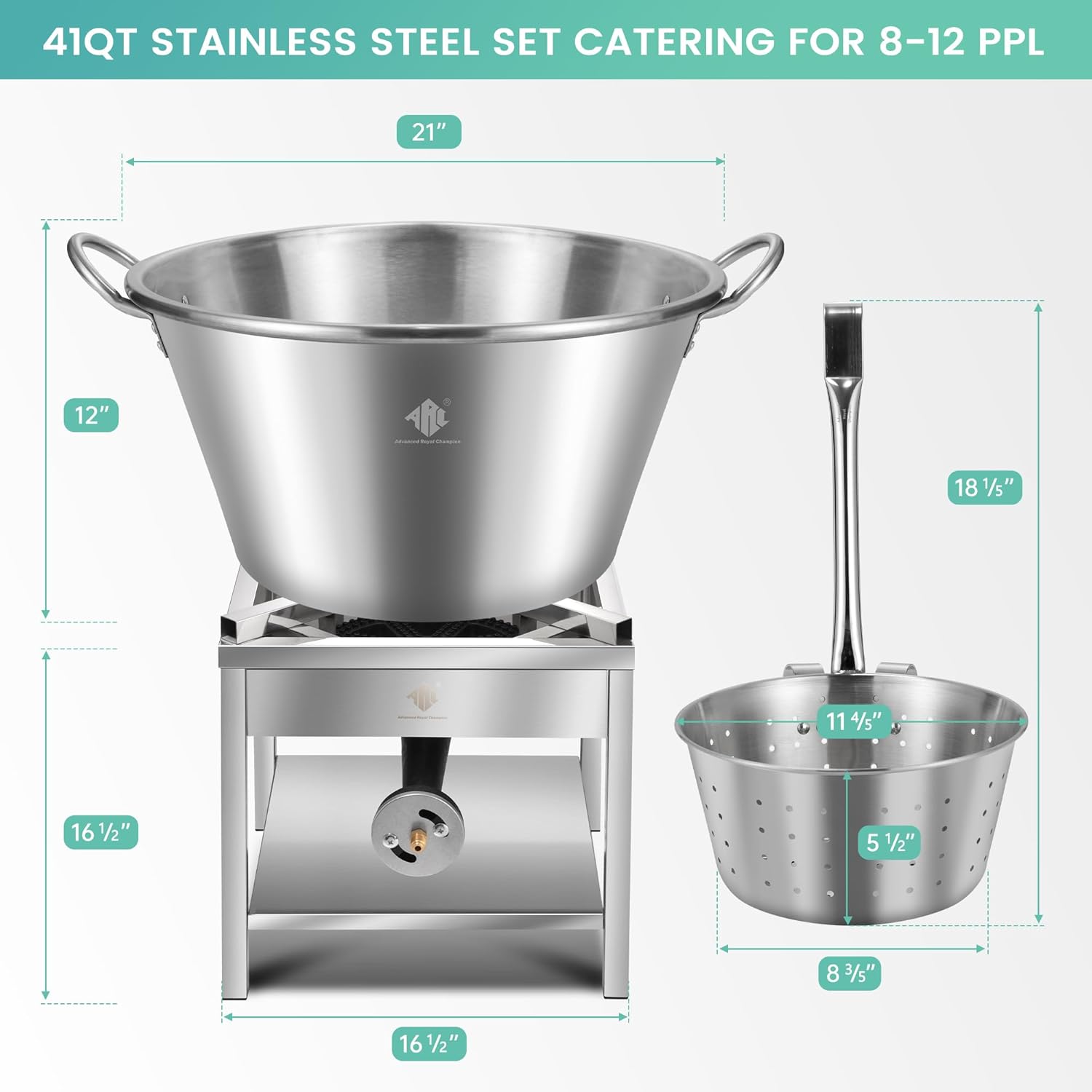ARC 41QT Stainless Steel Mexican Cazo Para Carnitas Set, 200,000BTU Propane Burner,21" Heavy Duty Outdoor Wok With 11.8" Fry Strainer Basket, Great for Carnitas, Braising, Seafood Boiling