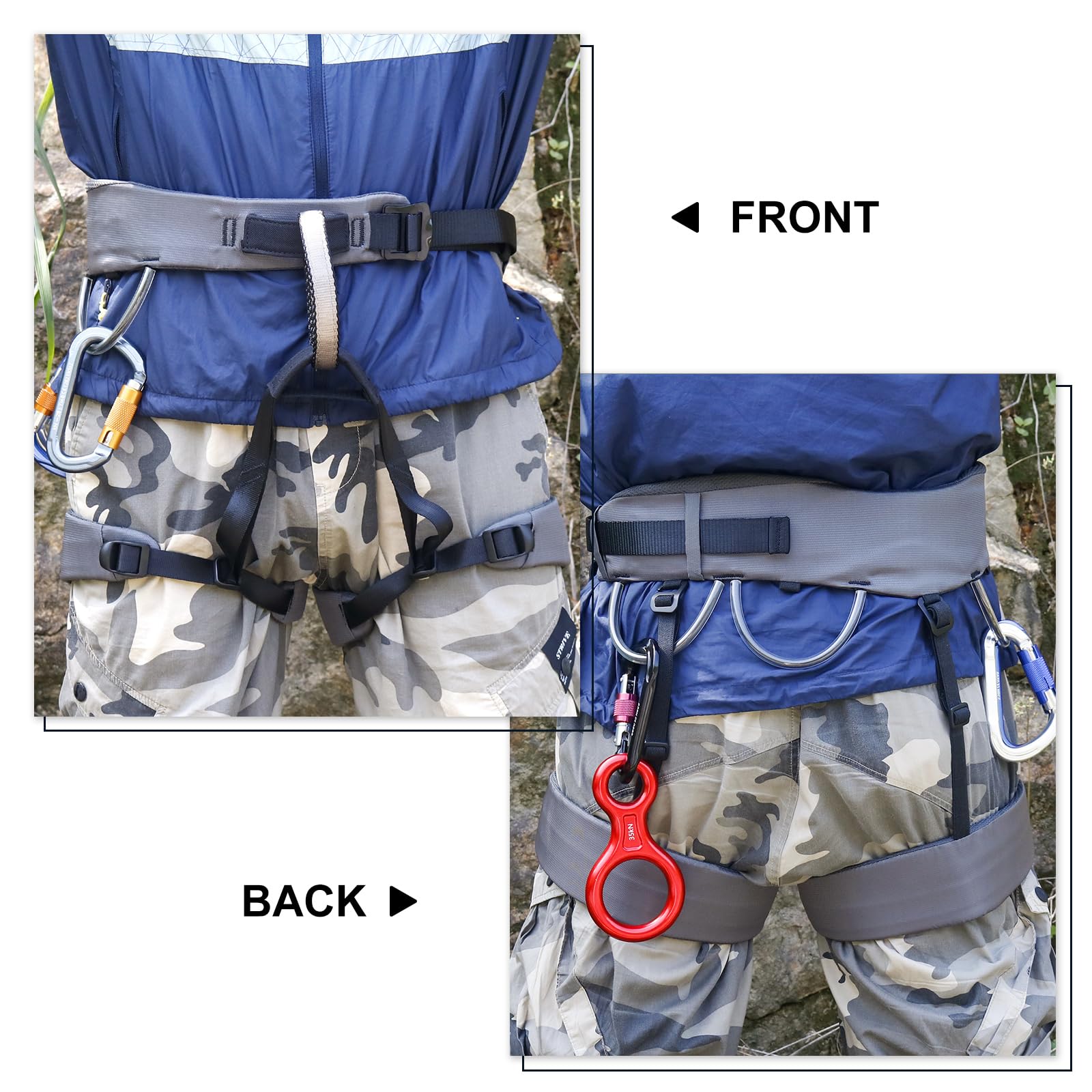 NewDoar Arnés de escalada certificado UIAA y CE, arnés de escalada en roca, arnés de medio cuerpo, protección de cadera de cintura, cinturón de seguridad ajustable para rapel, rescate de incendios,
