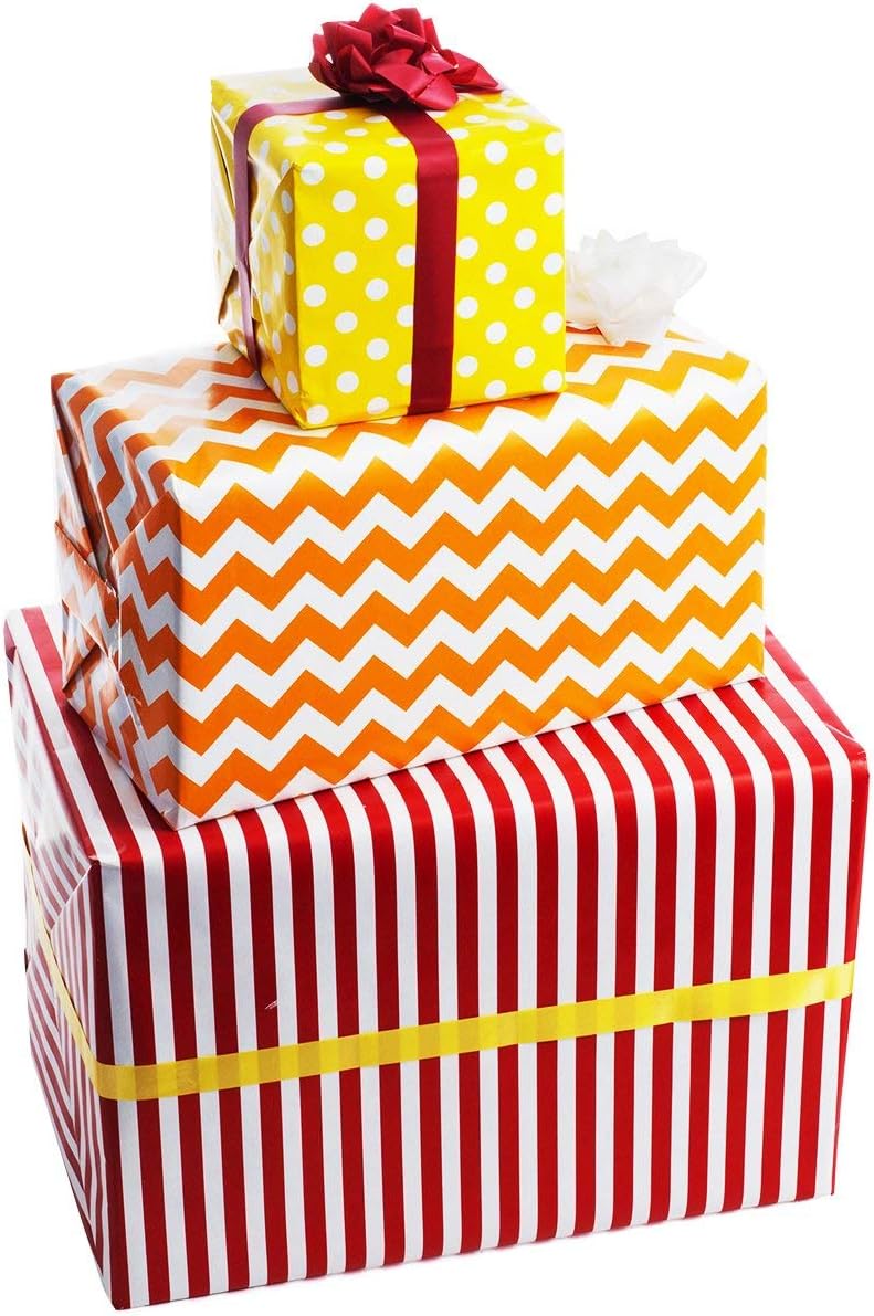 Wrapping Paper - All Occasion Wrapping Paper Bundle โ Bright Wrapping Paper โ Polka Dot, Stripe, Chevron โ (Pack of 3, 30in x 120in per roll, 3 Bows, 2 Ribbons Included)