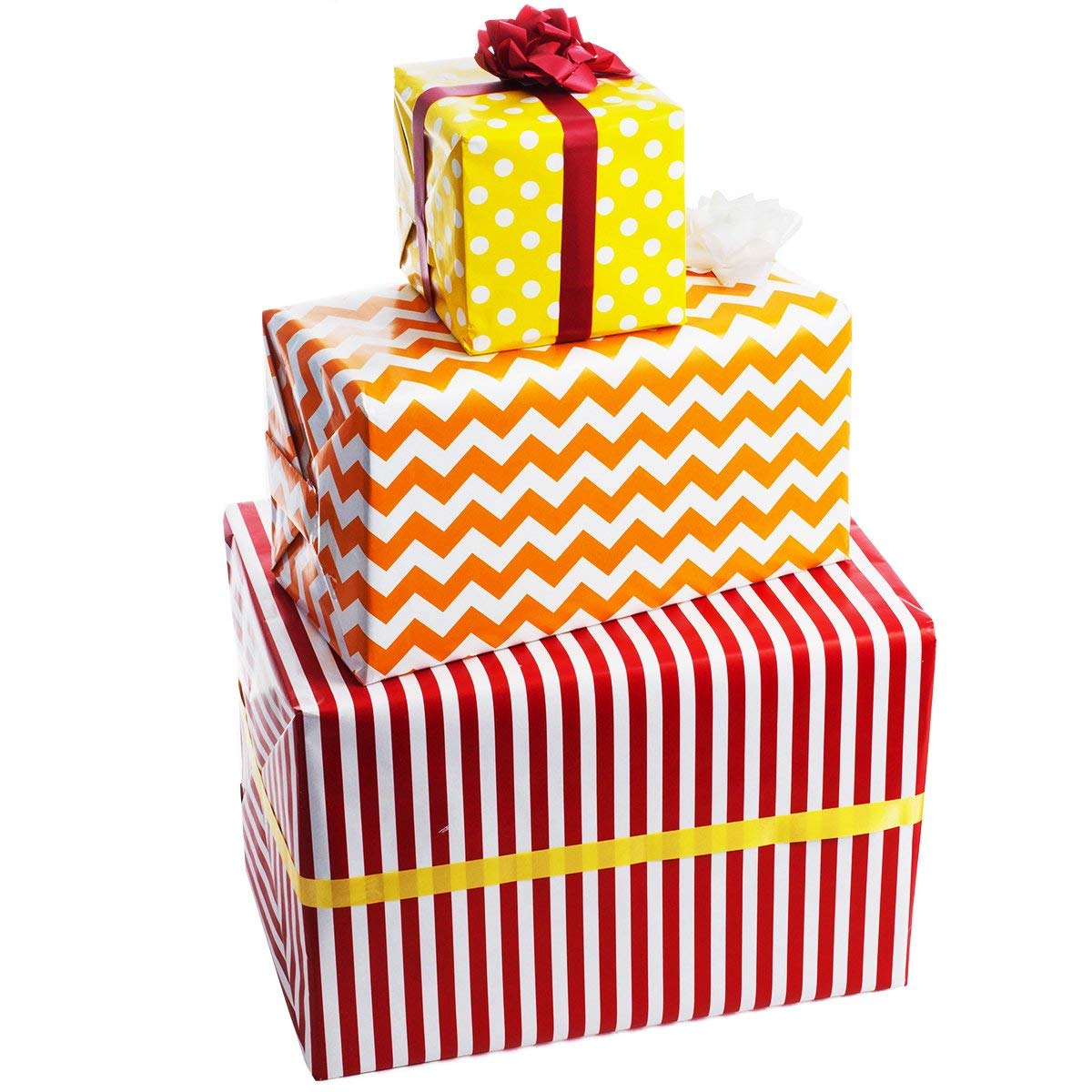 Wrapping Paper - All Occasion Wrapping Paper Bundle – Bright Wrapping Paper – Polka Dot, Stripe, Chevron – (Pack of 3, 30in x 120in per roll, 3 Bows, 2 Ribbons Included)